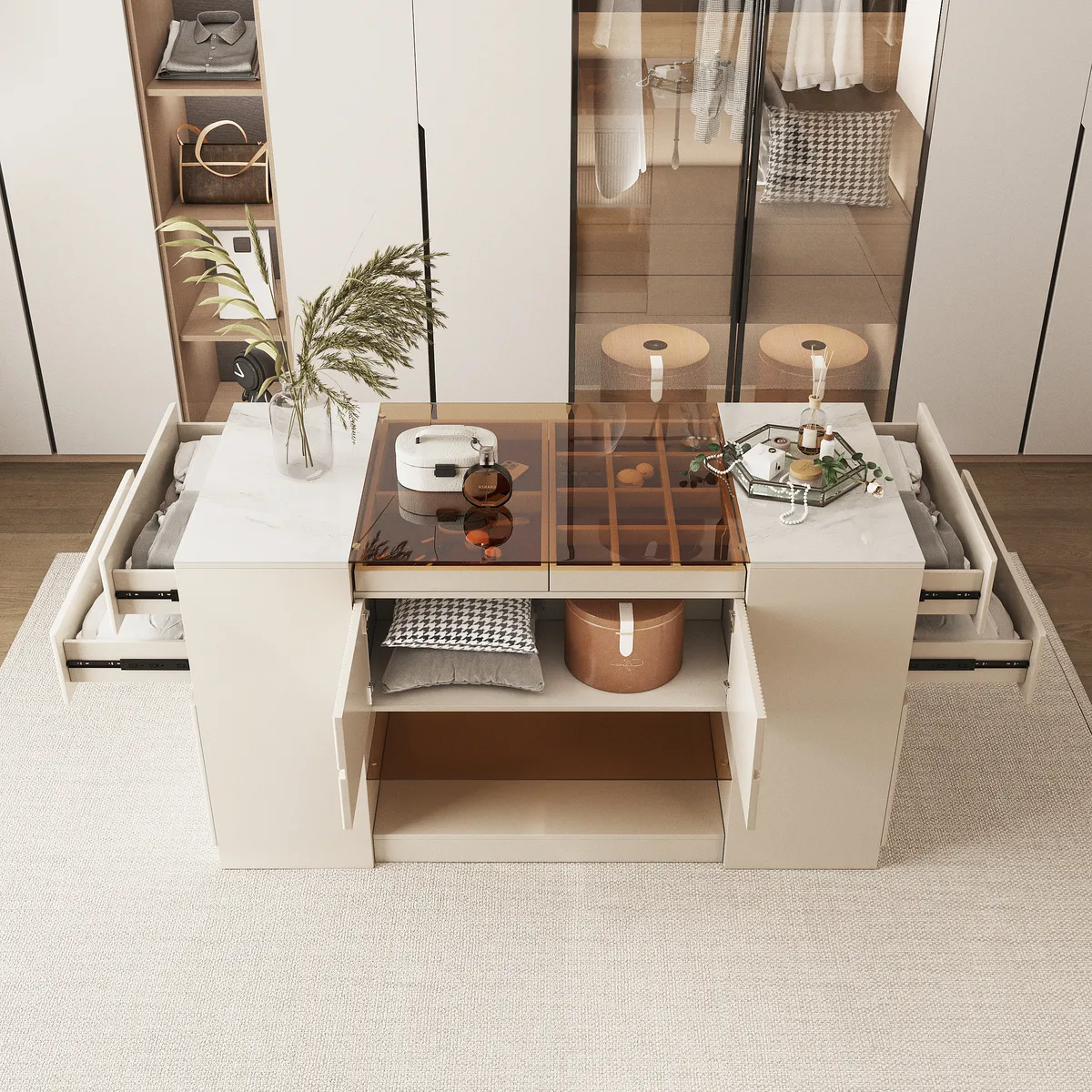 60" Glass Top Walnut Dresser Walk-in Closet Island with Jewelry Storage — image 25