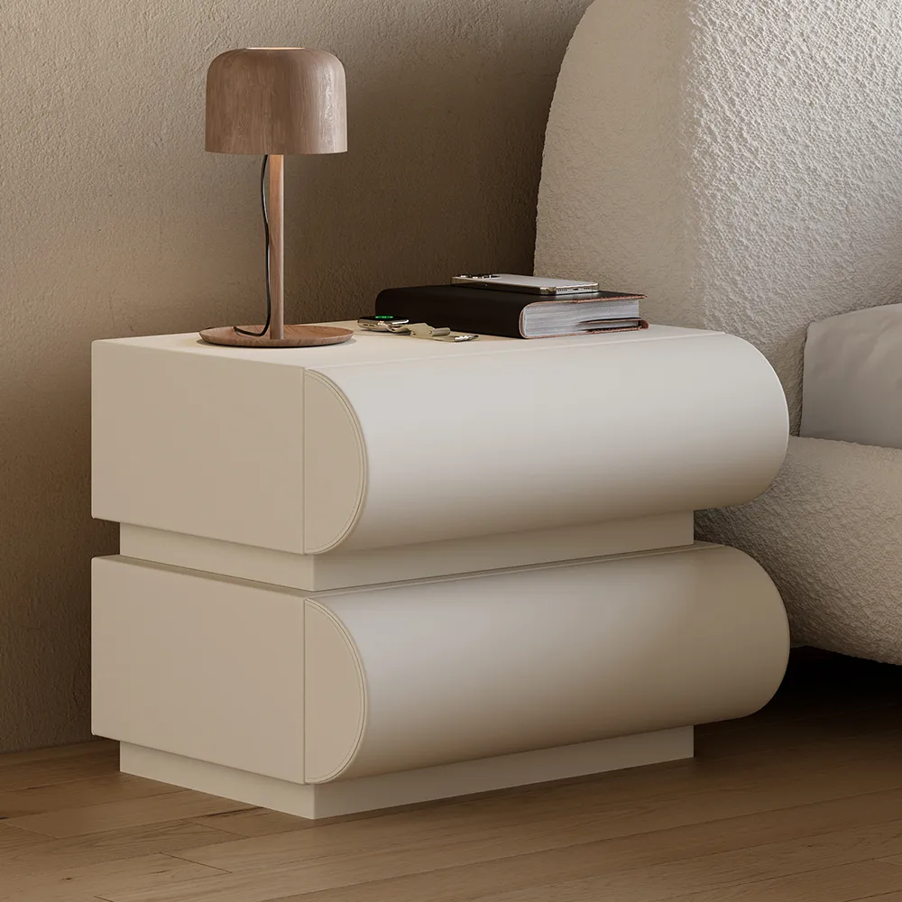 White Leather Smart Nightstand with Wireless Charger Bedside Table with USB & Type-C Ports King Size Boucle Upholstered Floating Bed Frame with Light — image 5