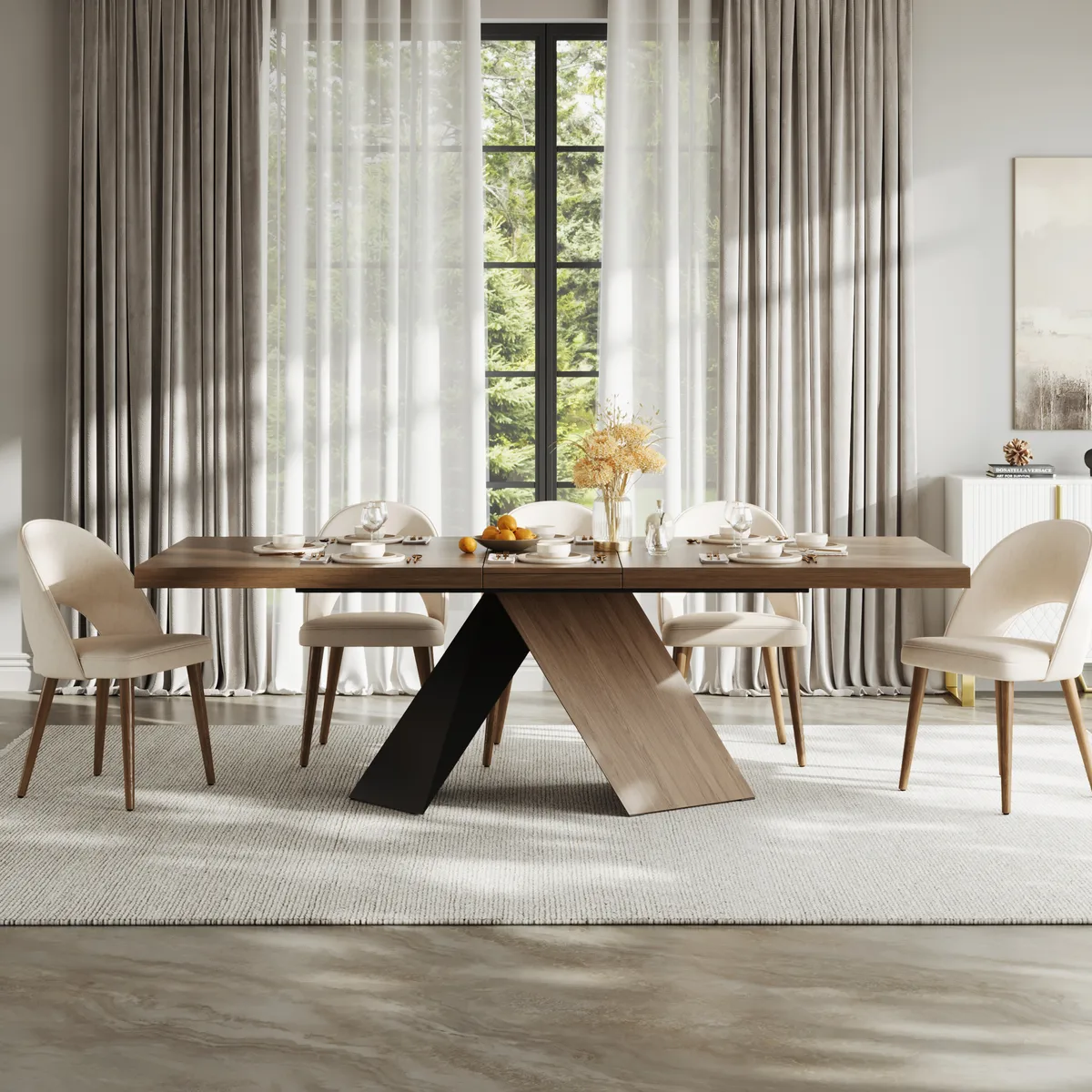Dining Table Set 64"-79" Rectangle Extendable Dining Table & 4 Archic Japandi Rattan Dining Chairs — image 25