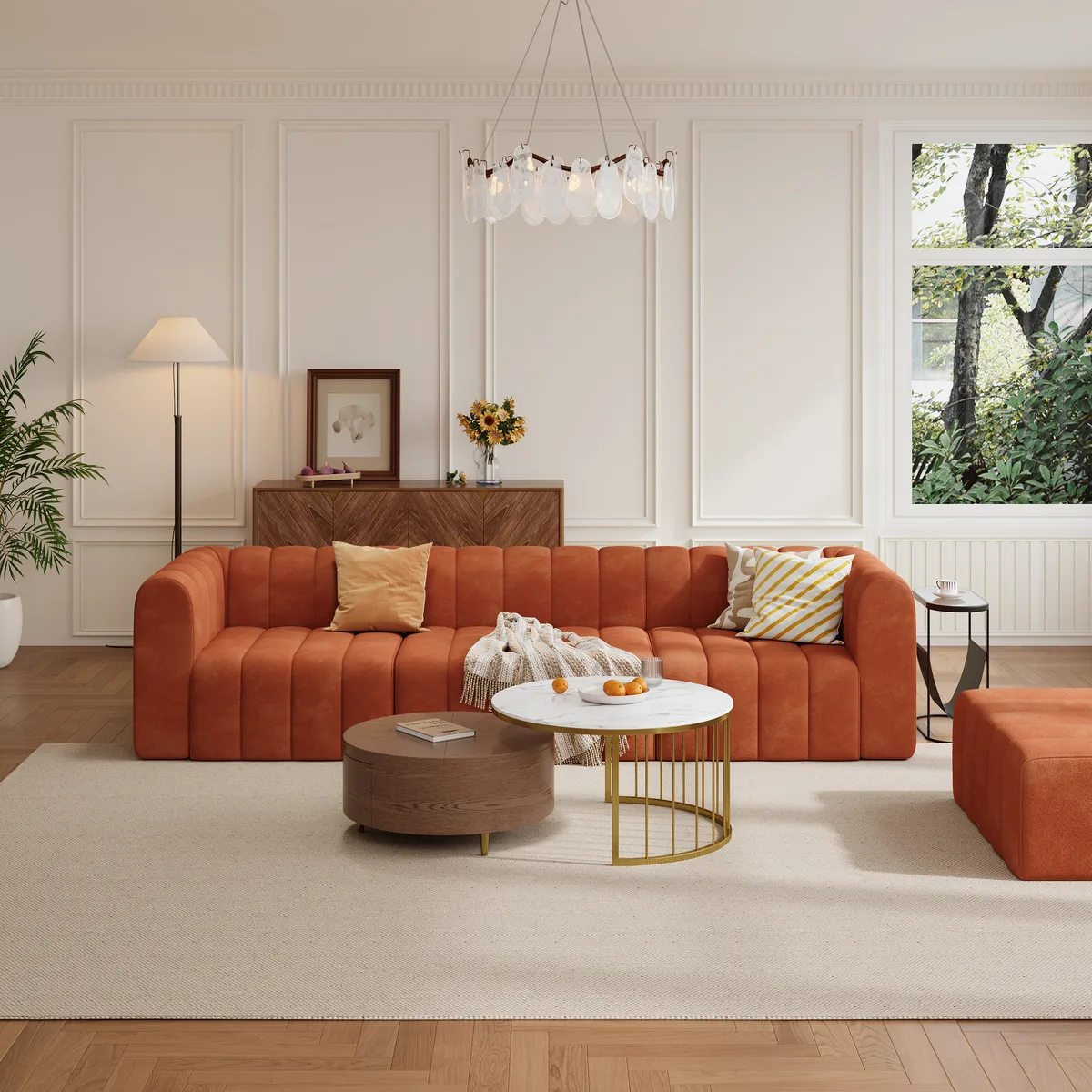 118.9" Velvet Convertible Modular Sectional Sofa Orange Upholstered 6-Seater Sofa Set — image 3