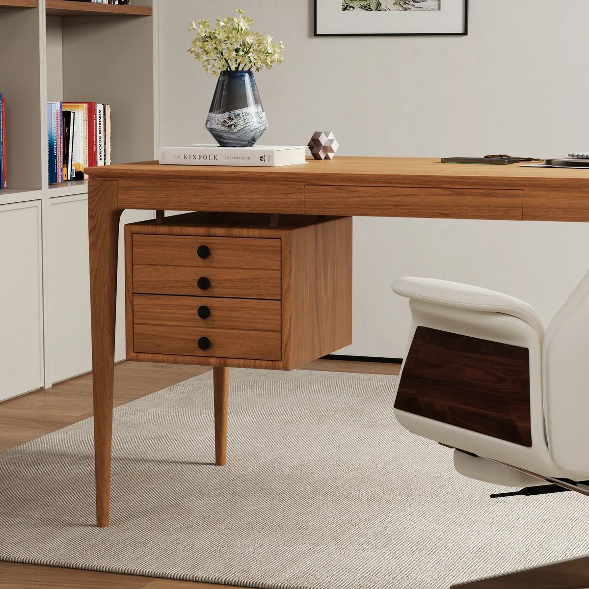 Mid-Century Style 55.1" Whitewash Ash Wood Home Office Desk with 3 Storage Drawers and Metal Accents — image 25