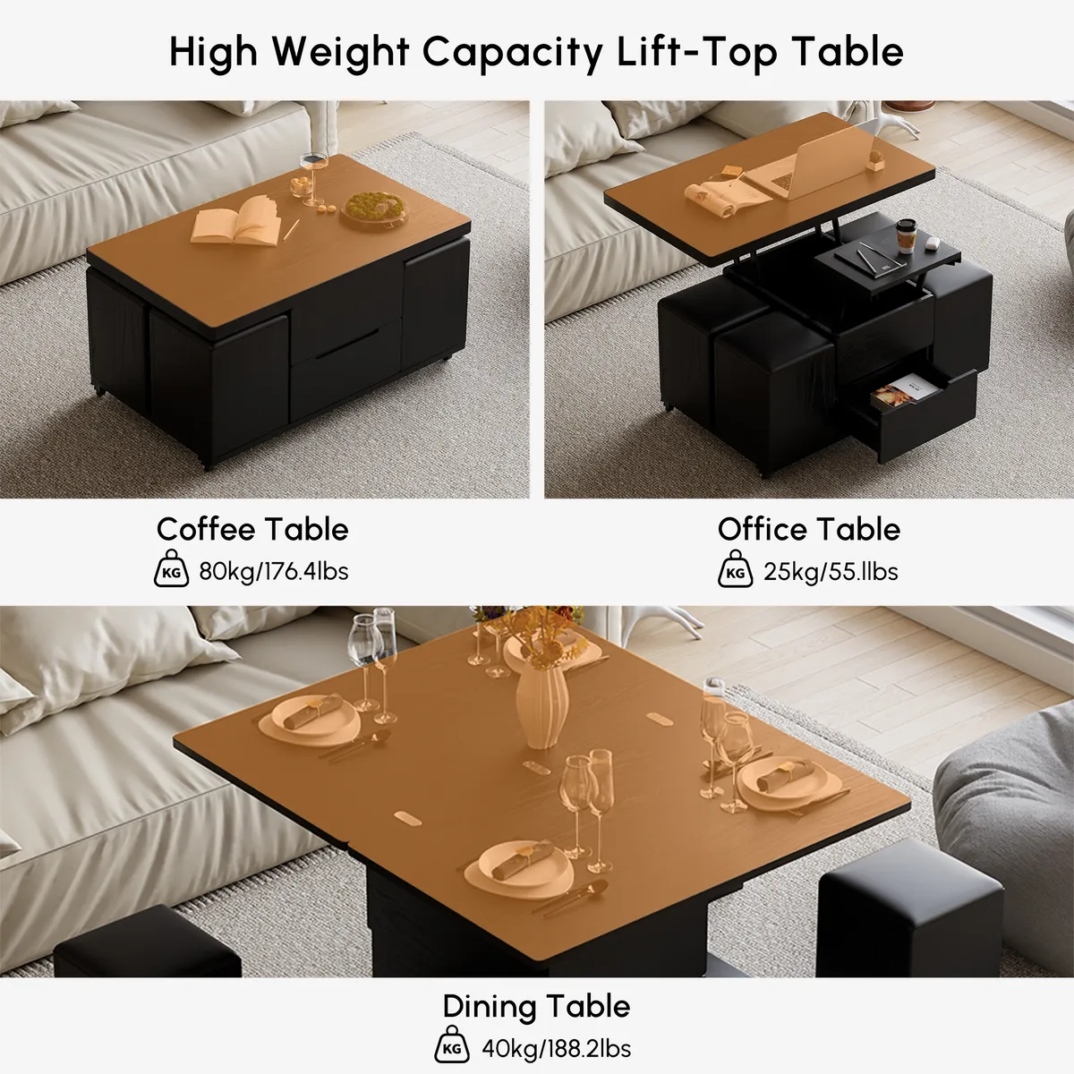 Modern Walnut Lift Top Coffee Table 4 in 1 with Storage Ottoman Foldable and Casters — image 8