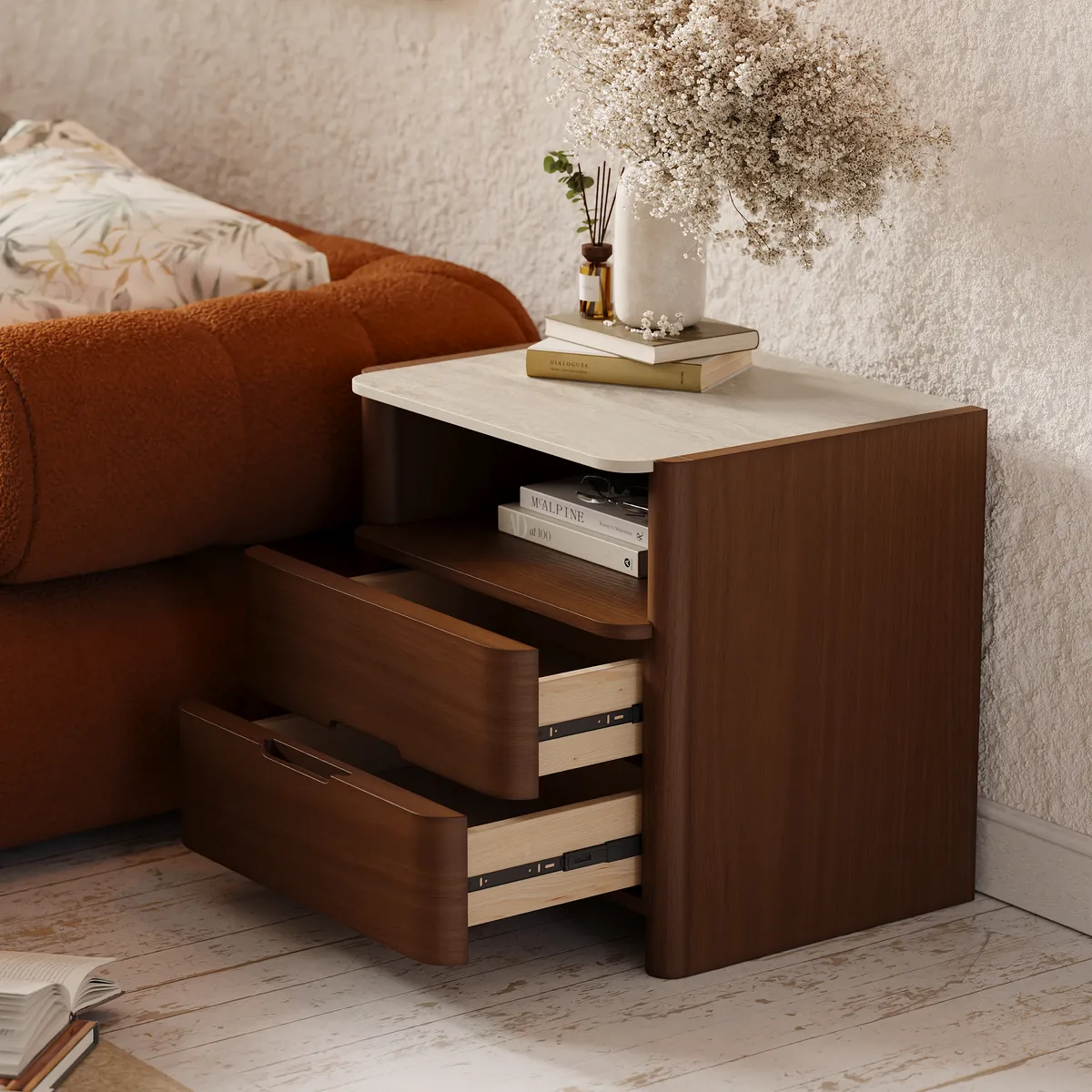 Modern Sintered Stone Top Nightstand with Drawers & — image 16