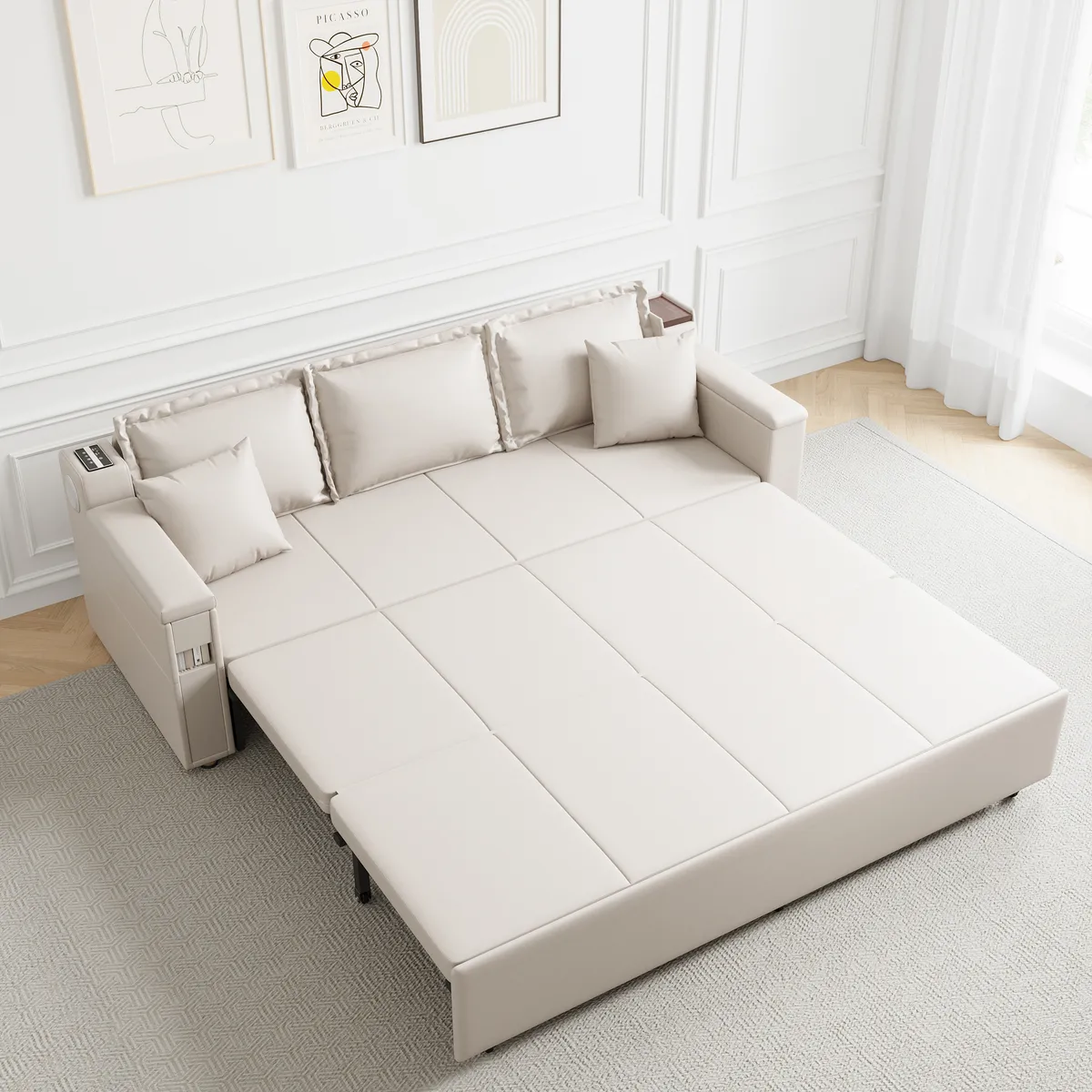82.7" Convertible Bed King Sleeper Sofa Leath-aire Upholstered Storage with Speaker — image 2