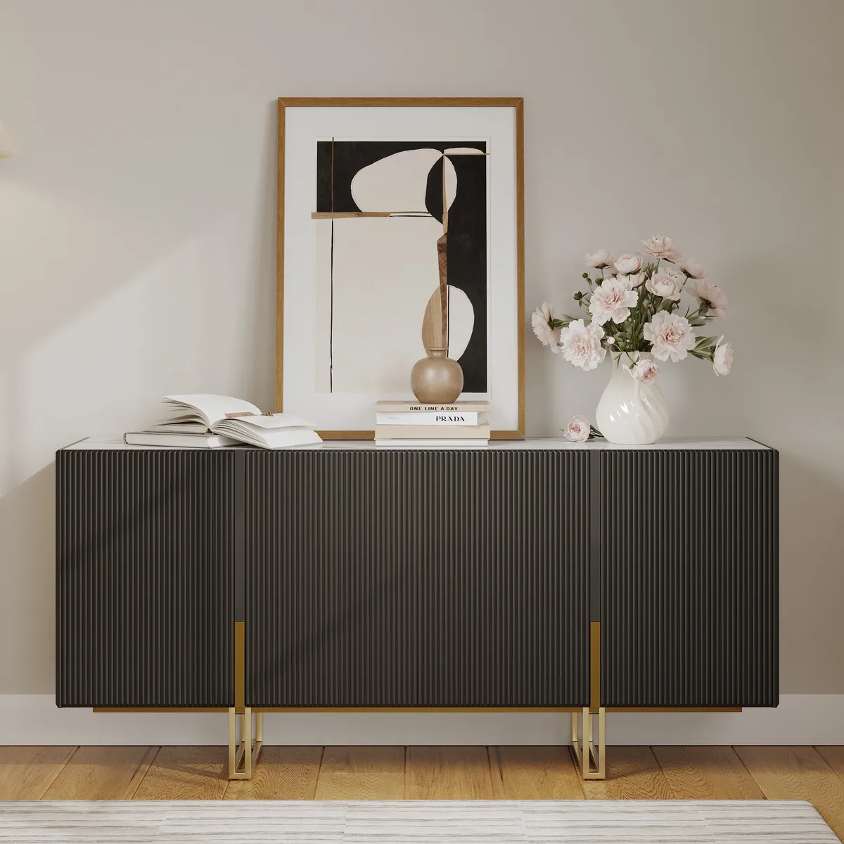 Grovyn 63" Buffet Sideboard Sintered Stone Top Black Fluted with Adjustable Shelves — image 11