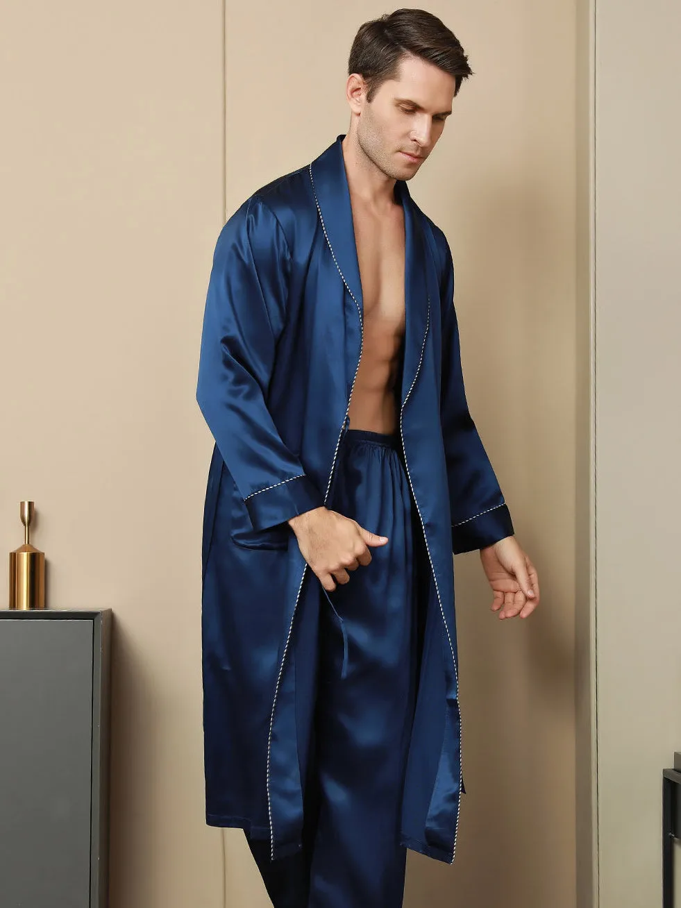 100% Mulberry Silk Contrast Piping Shawl Collar Men's Robe (Without Pants) — image 3