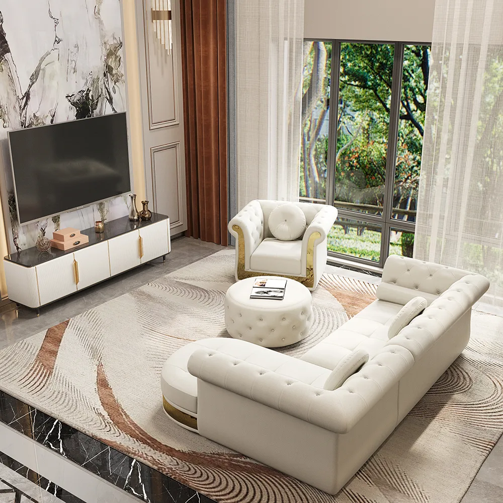 Dodiy Modern L-Shaped White Tufted Corner Sectional Sofa 6-Seater with Ottoman & Pillows — image 8