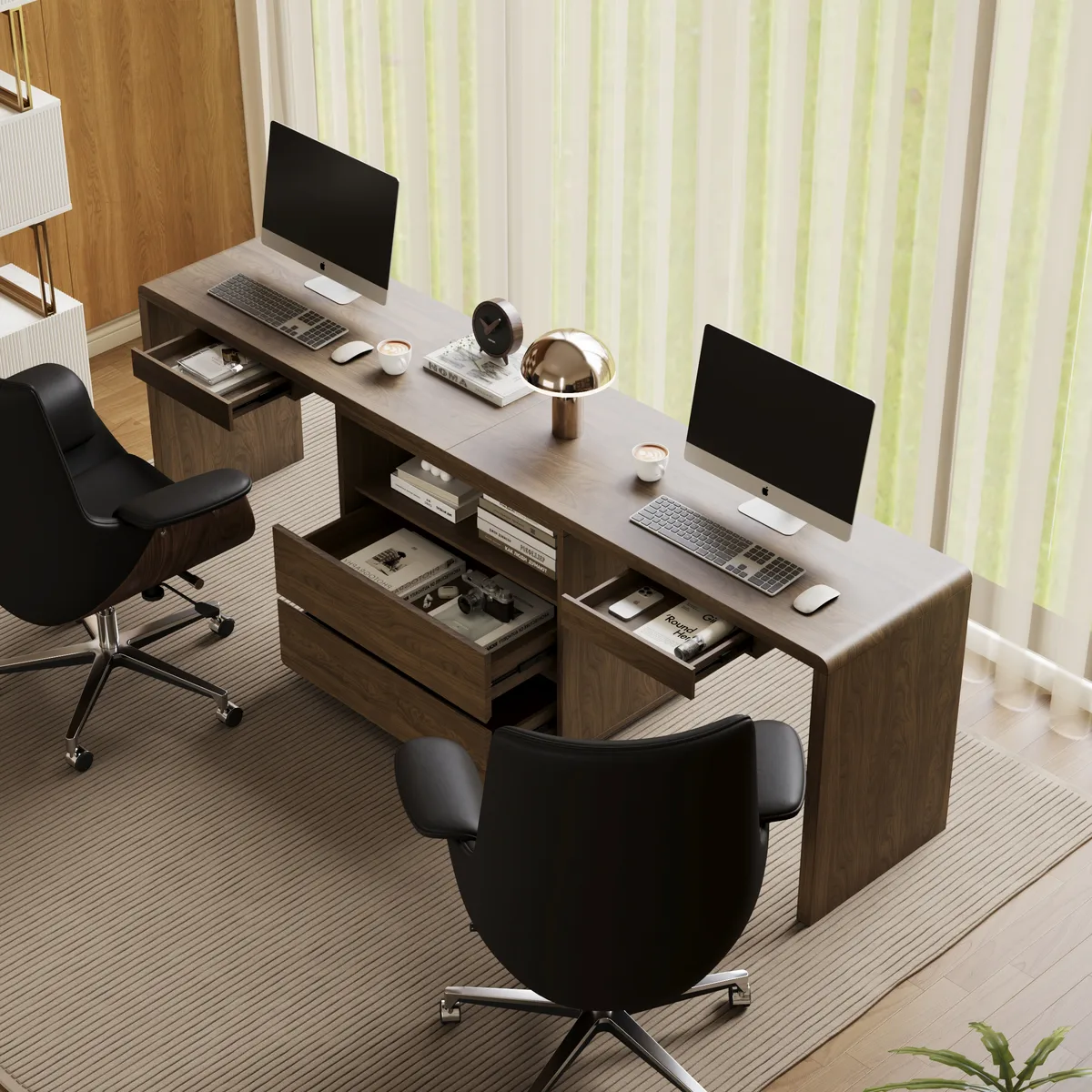 Modern 94" Rectangular Brown Double Desk with Drawers, Seats 2 — image 16