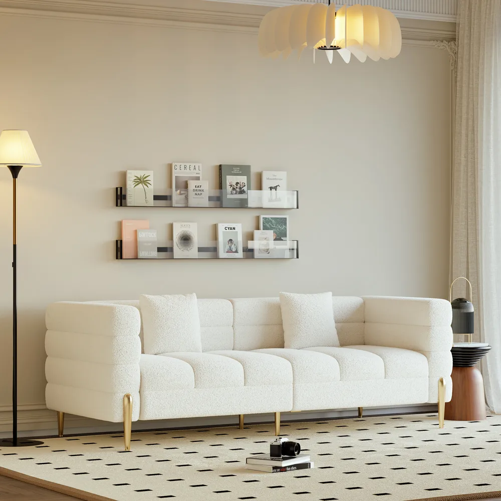 Round 2-Piece Nesting Set Sintered Stone Top Beige Coffee Table with Drawer 78.7" Modern White Boucle Upholstered Fluted 3-Seater Sofa — image 8