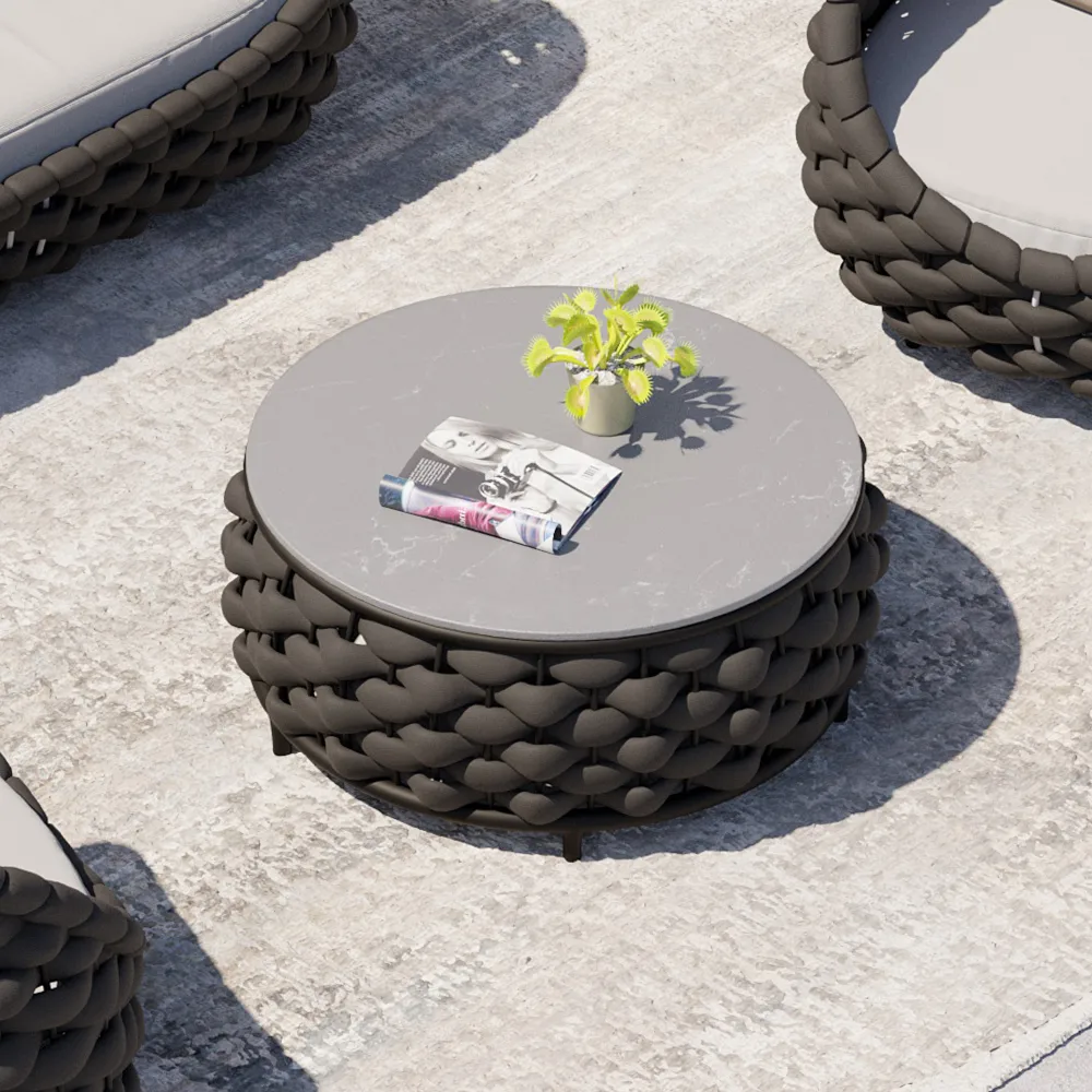 Tatta Modern Top Round Outdoor Coffee Table with Woven Rope Base & Storage