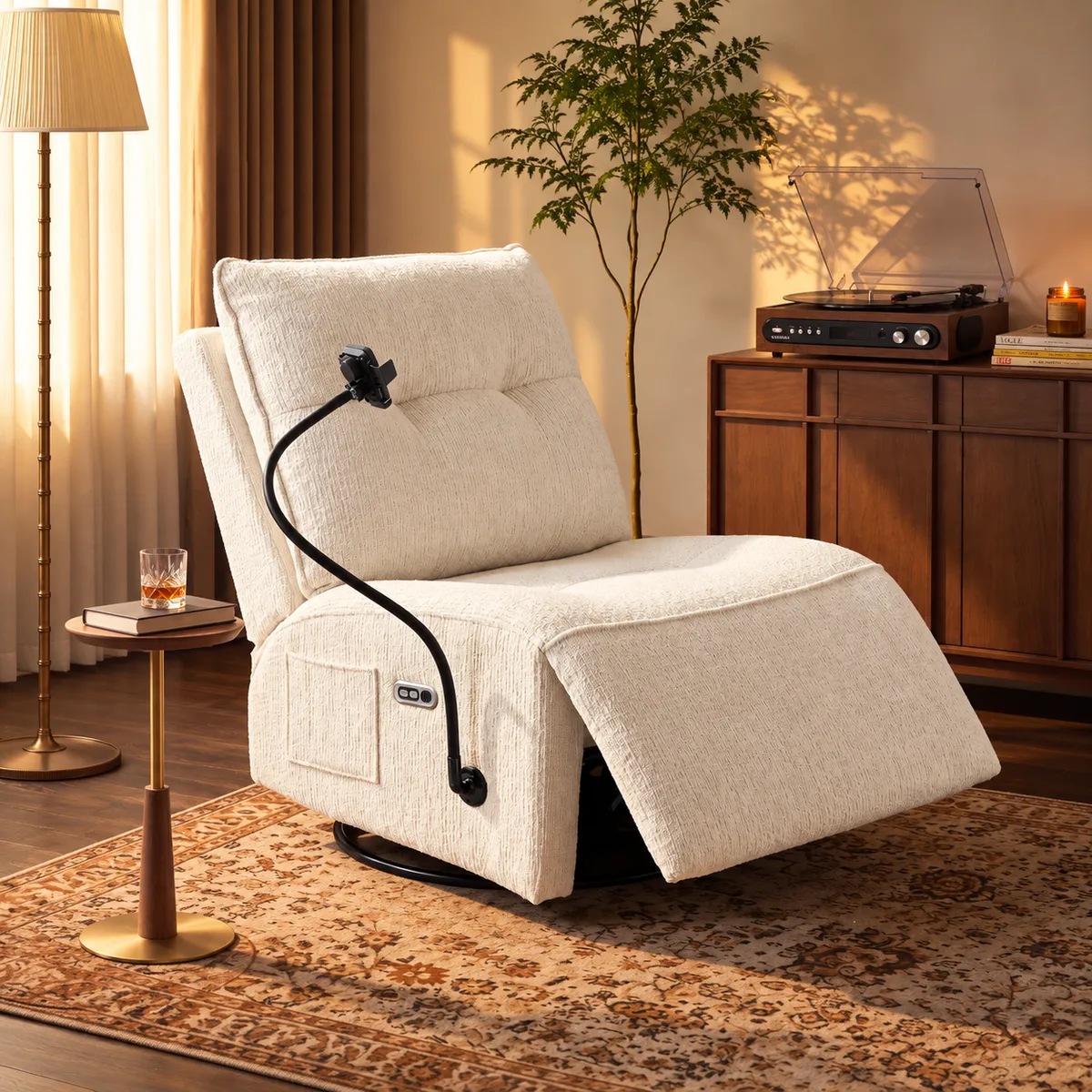 Performance Linen Power Swivel Rocker Recliner Accent Chair with Phone Holder