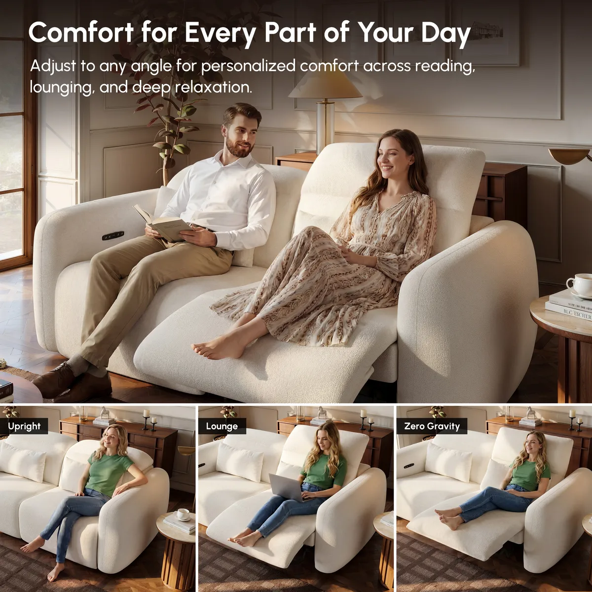 Homary Modern 123" 3-Seater Chenille Zero Gravity Power Reclining Sofa with USB Port in Warm — image 8