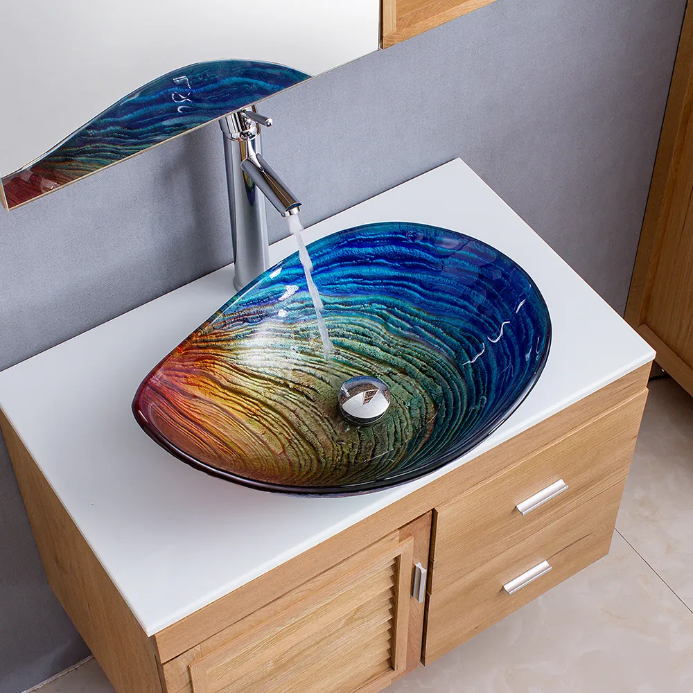Tempered Glass Multicolor Teardrop-Shaped Bathroom Vessel Sink Wash Sink — image 2