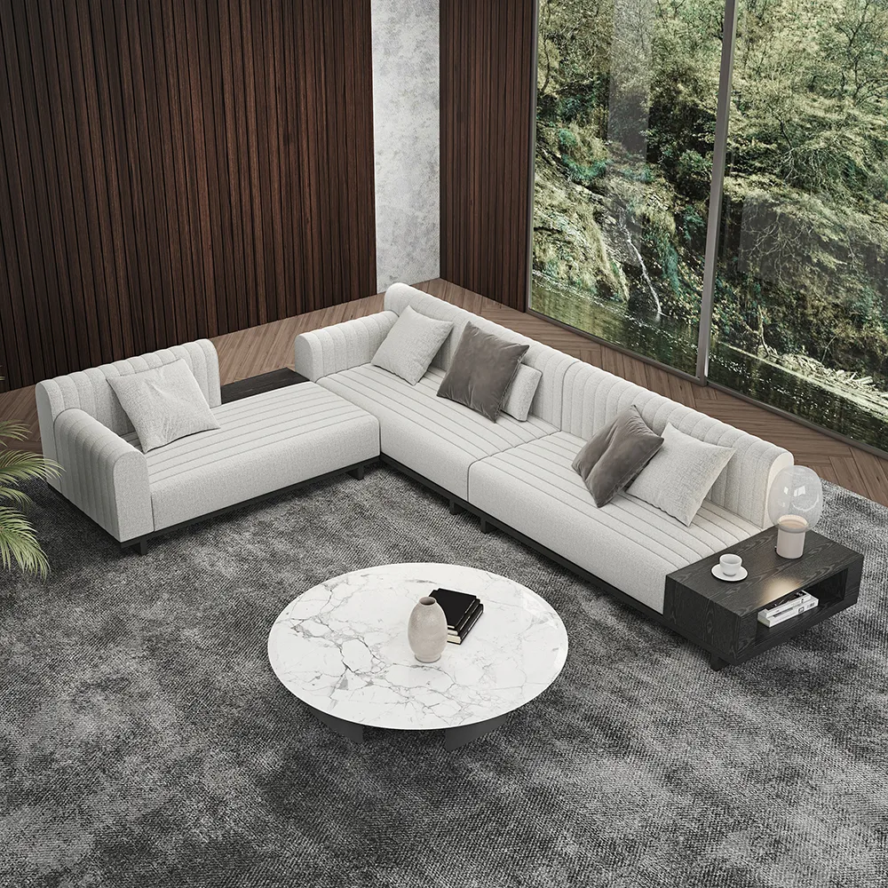 157" Cotton and Linen L-Shaped Sectional Sofa Modern Light Gray Sectional with Storage Side Table — image 4