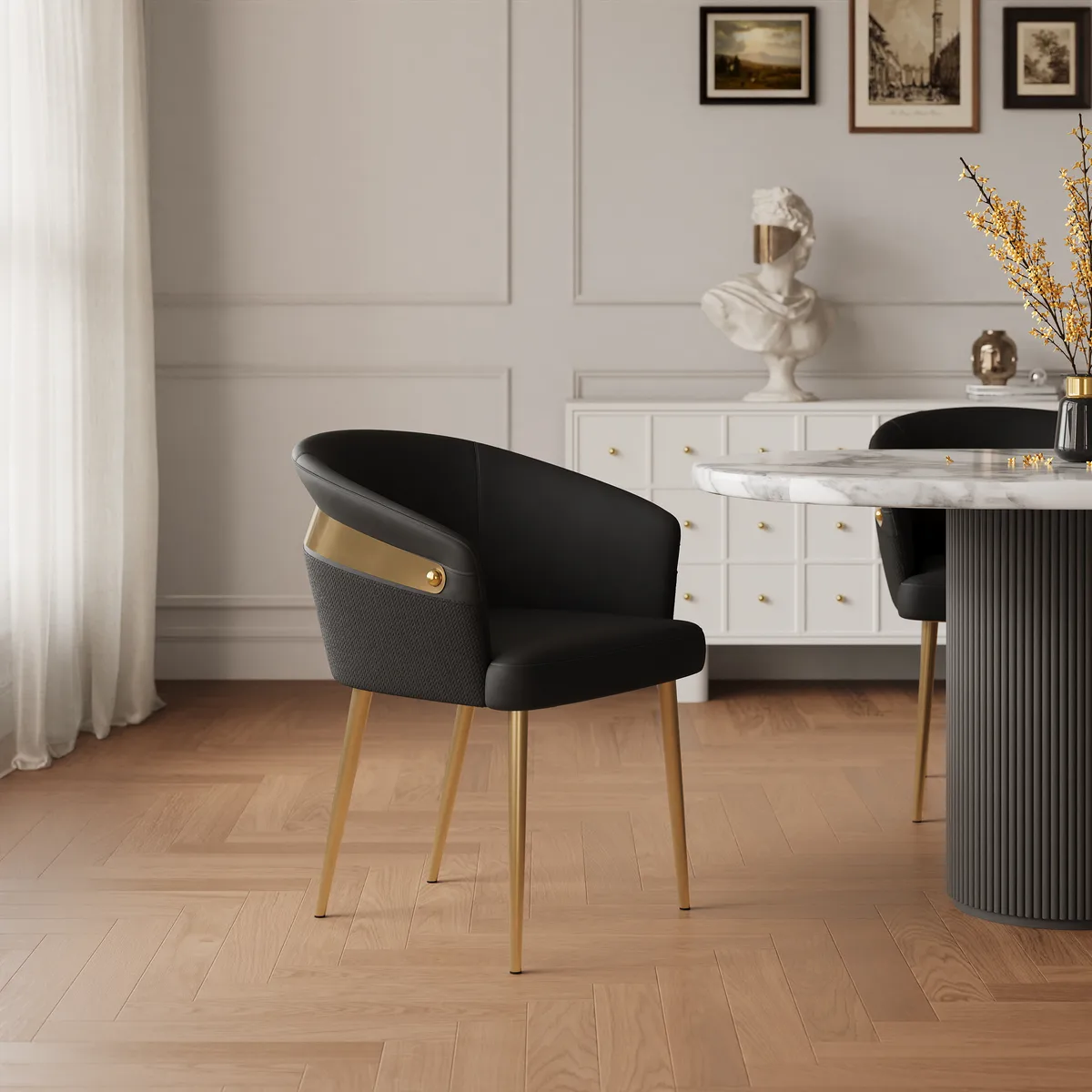 Modern Black PU Leather Dining Chair Curved Back with Gold Legs — image 13