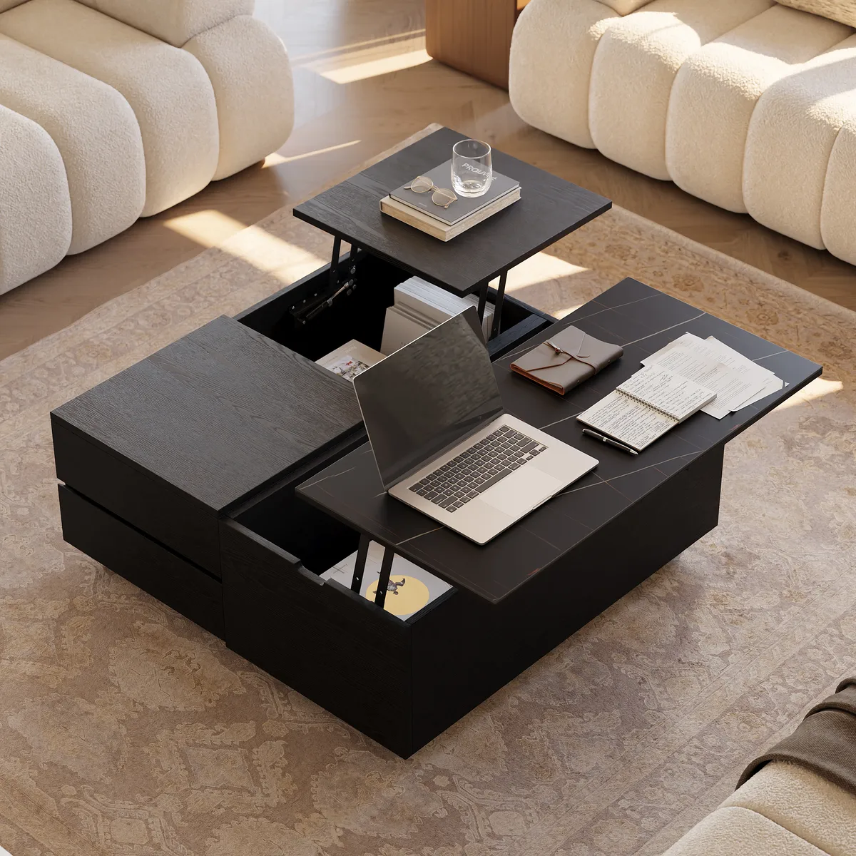 39" Square Lift-Top Wood Travertine Veneer Sintered Stone Top Coffee Table with Storage — image 3