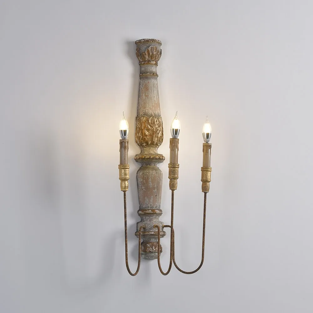 French Country 3-Light Wood Candle Wall Sconce Distressed Carved Design — image 6