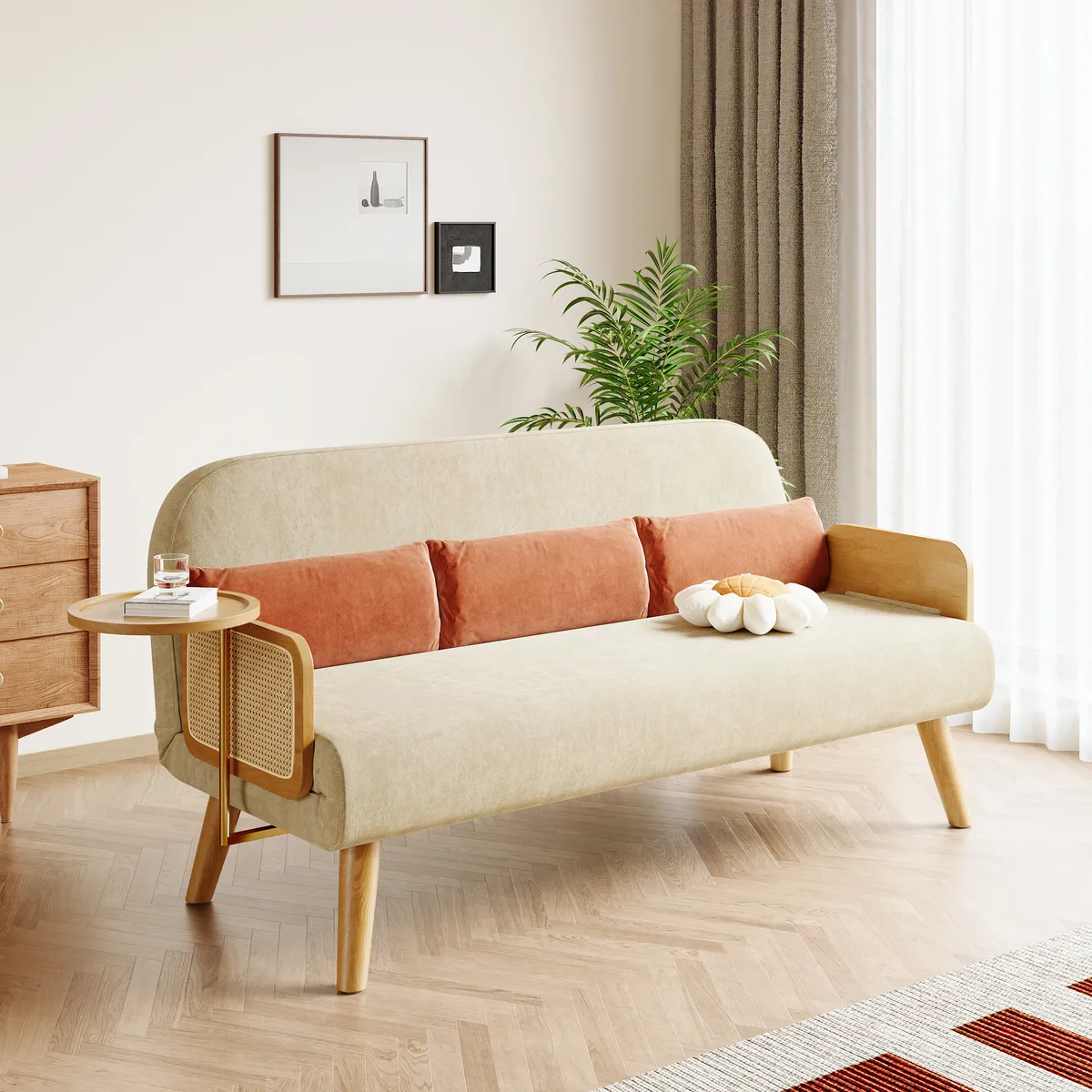 Futon Bed Twin Sleeper Sofa Convertible Chair Bed with Rattan Armrest — image 21