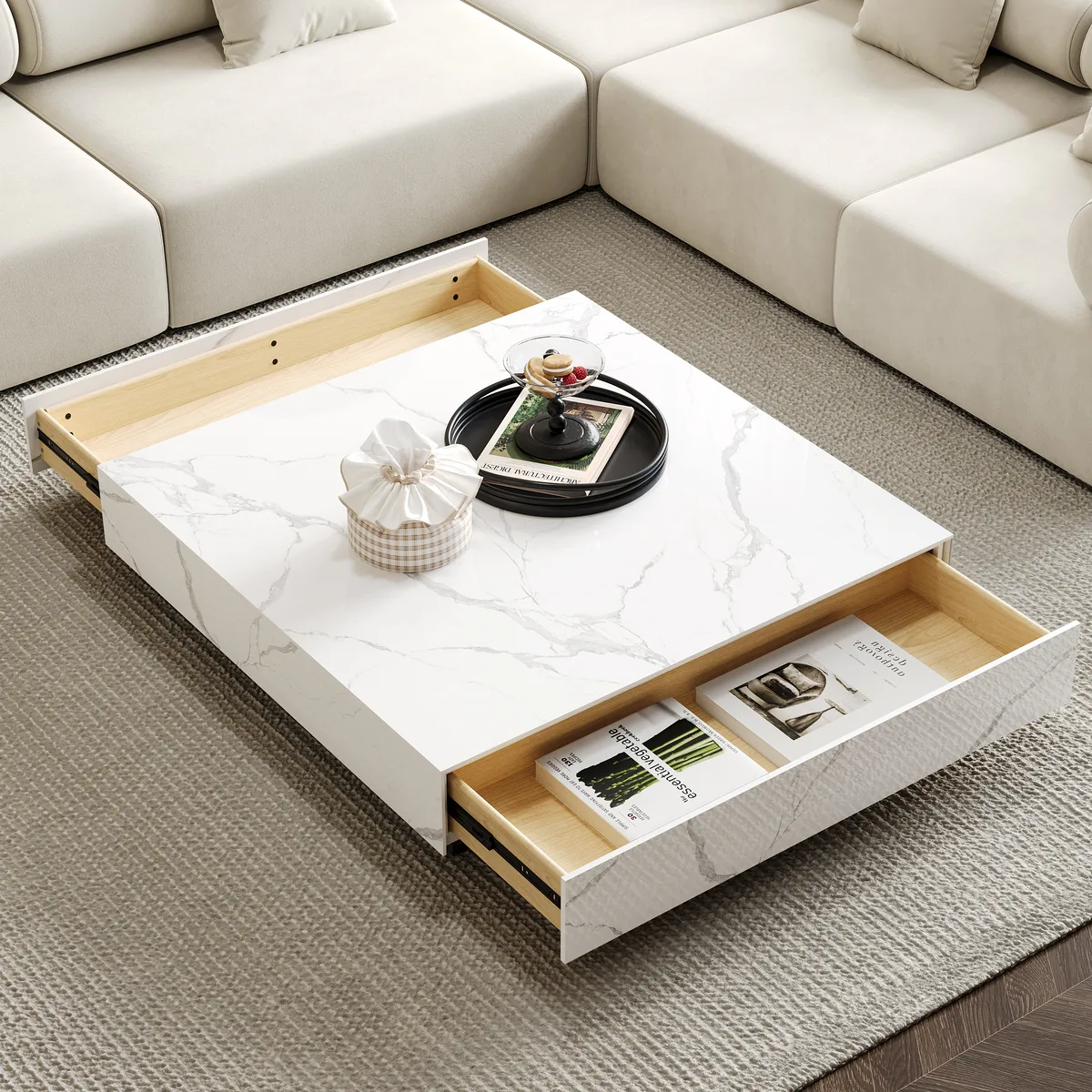 87" Modern White Marble Veneer Sintered Stone Electric Fireplace TV Stand with Remote Control Temperature Adjustable Coffee Table Set — image 23