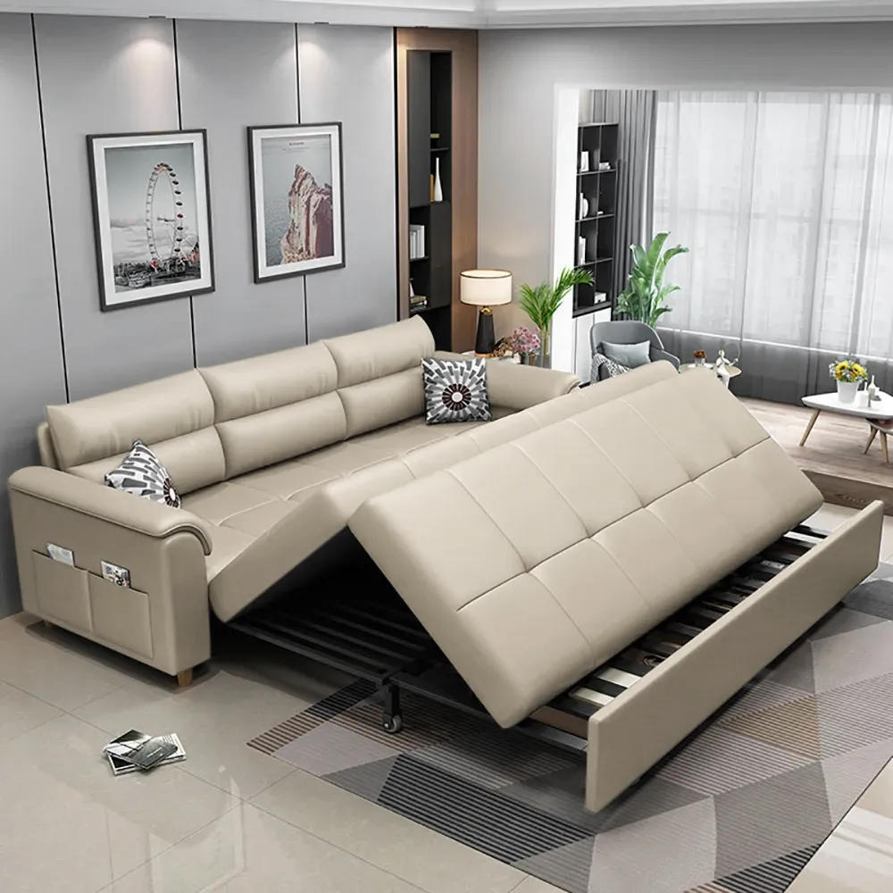 Leather Queen Size Sleeper Sofa with Trundle Pull Out Sofa Bed — image 21