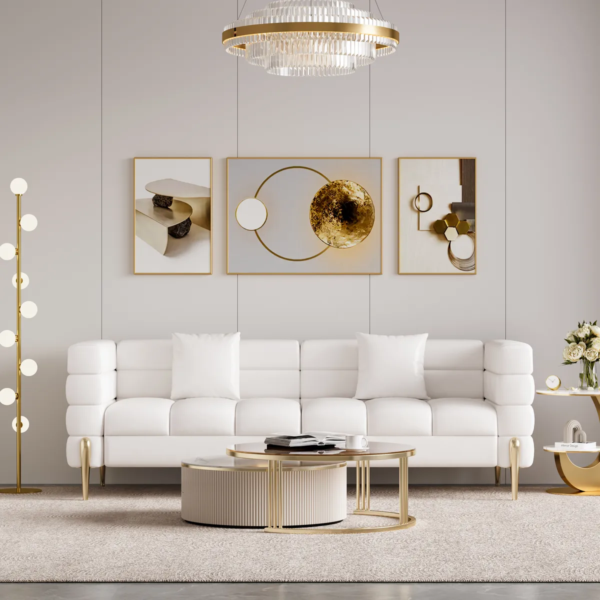 78.7" Modern White Boucle Upholstered Fluted 3-Seater Sofa for Living Room with Pillow White Boucle Accent Chair Modern Modular Armchair — image 22
