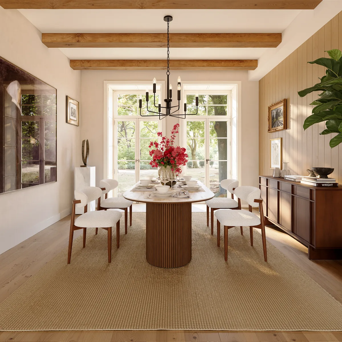 71" Faux Travertine Oval Dining Table with Fluted Base & Storage — image 6