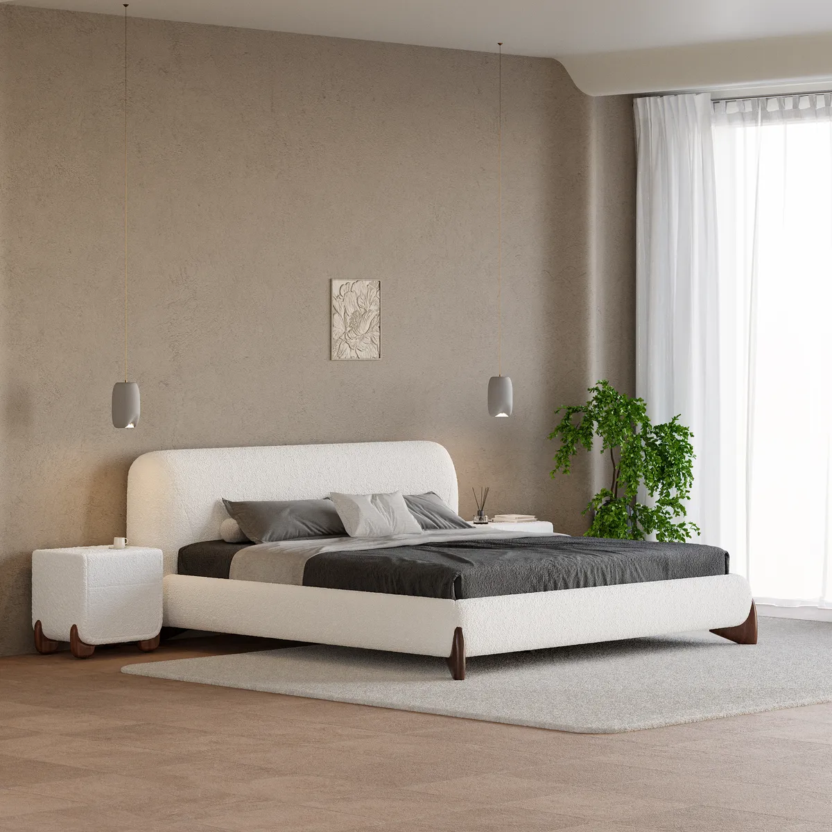Modern White Boucle Platform Bed King Size Bed Frame & 2-Drawer Smart Boucle Nightstand — image 26