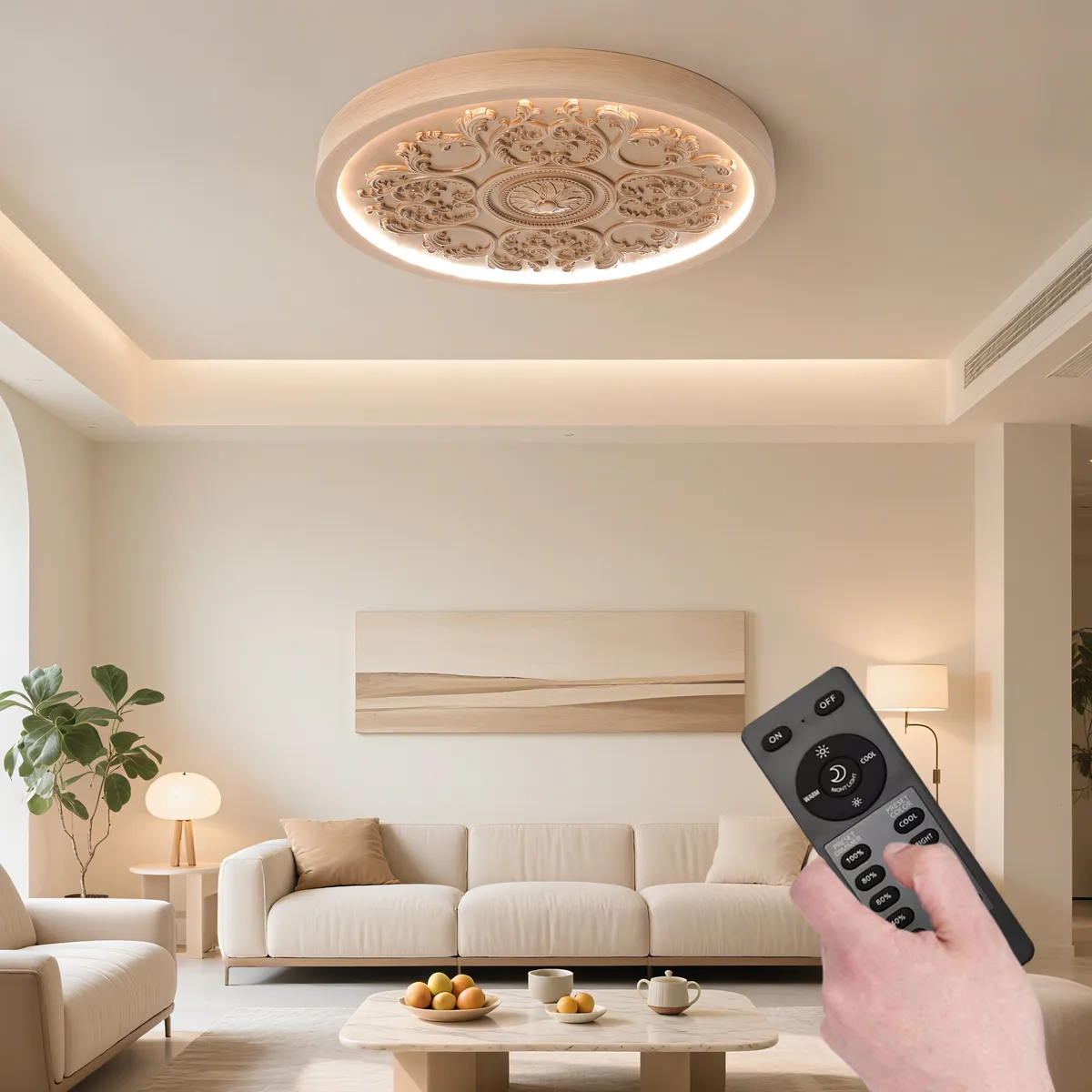 French Elegant White Resin 3D Carved LED Dimmable Flush Mount Ceiling Light