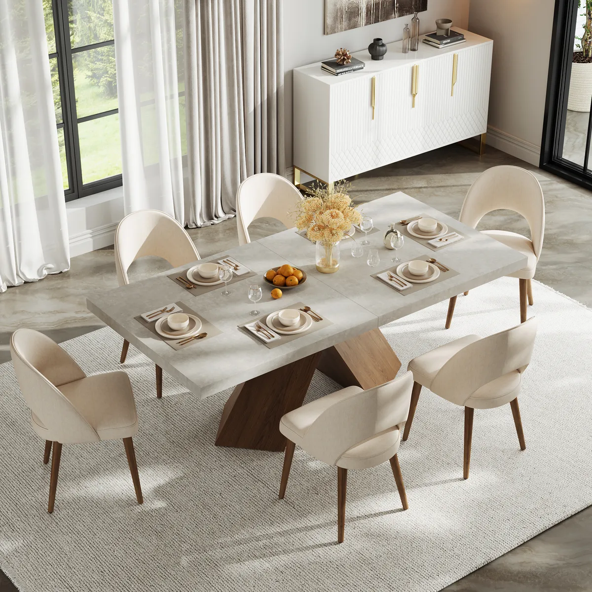 63"-79" Extendable Walnut Dining Table Modern Farmhouse Rectangle 4-6 Seater Pedestal — image 16