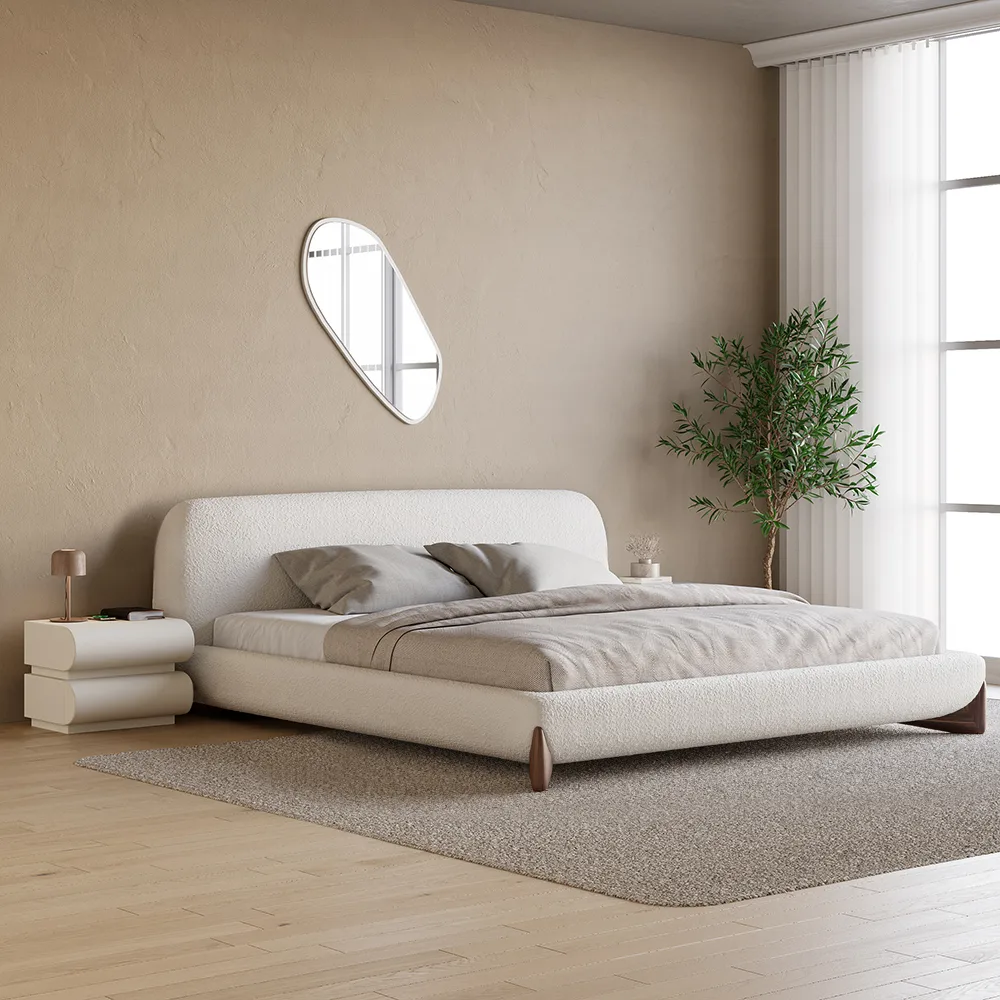 Modern White Boucle Platform Bed King Size Bed Frame & 2-Drawer Smart Boucle Nightstand — image 11