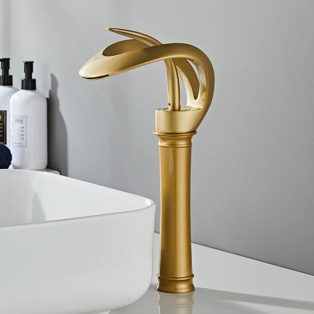 Modern Gold Waterfall Bathroom Vessel Sink Faucet Single Handle Solid — image 2