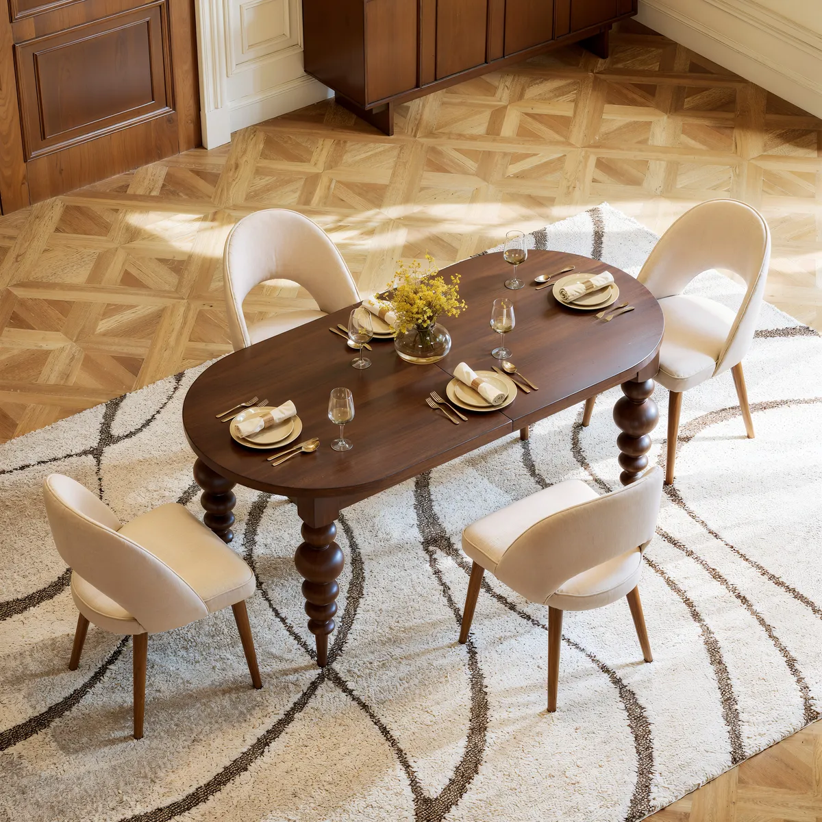 67"-79" Mid-Century Dining Table Oval Extendable Walnut Table for 4-8 Person with Turned Legs — image 14