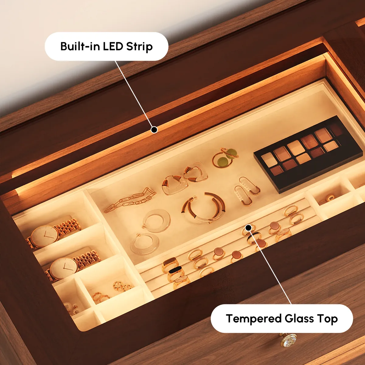 47" Glass Top Walk-in Closet Island 8-Drawer Dresser with Light — image 19