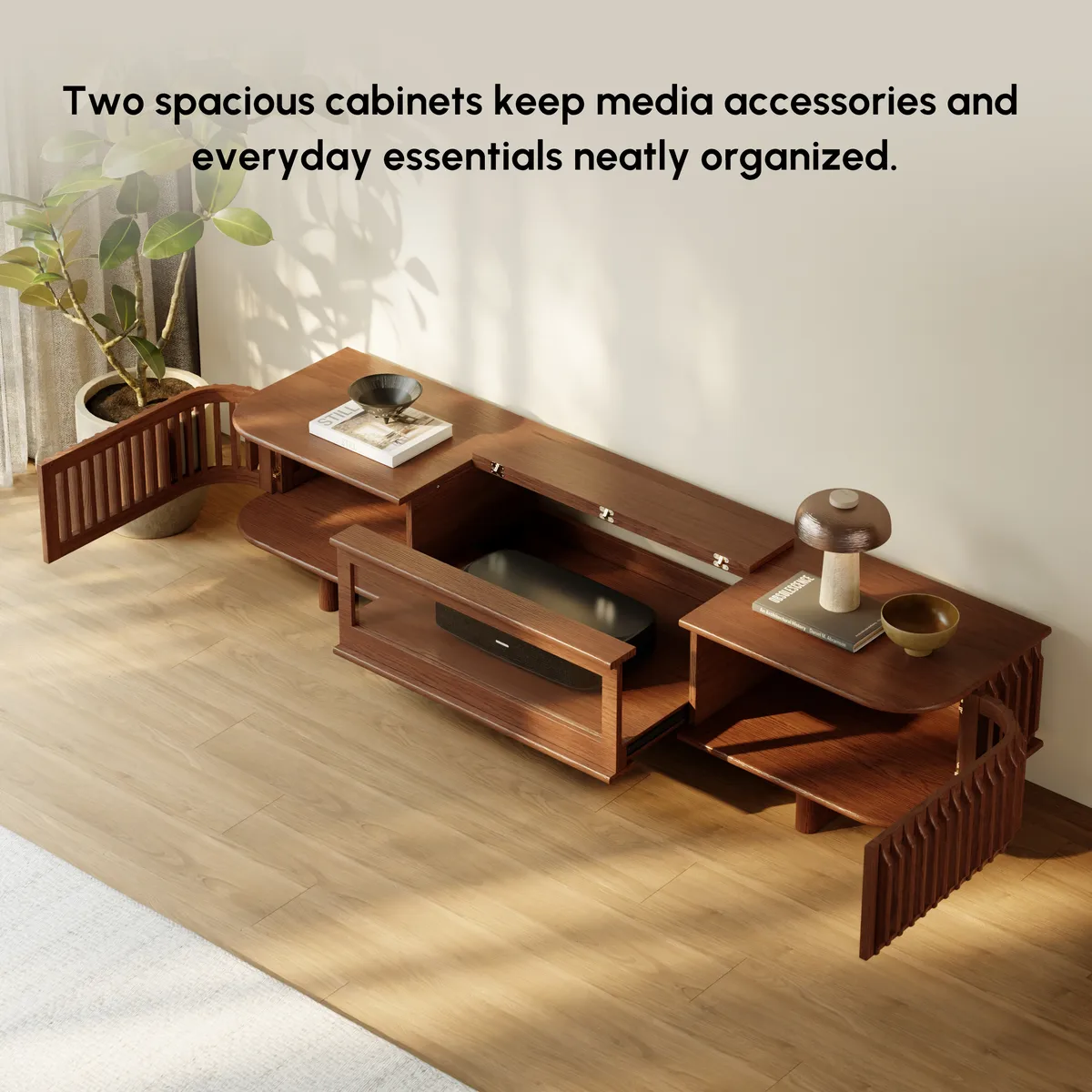 80" Ash Wood Fluted Walnut Projector TV Stand with LED — image 8