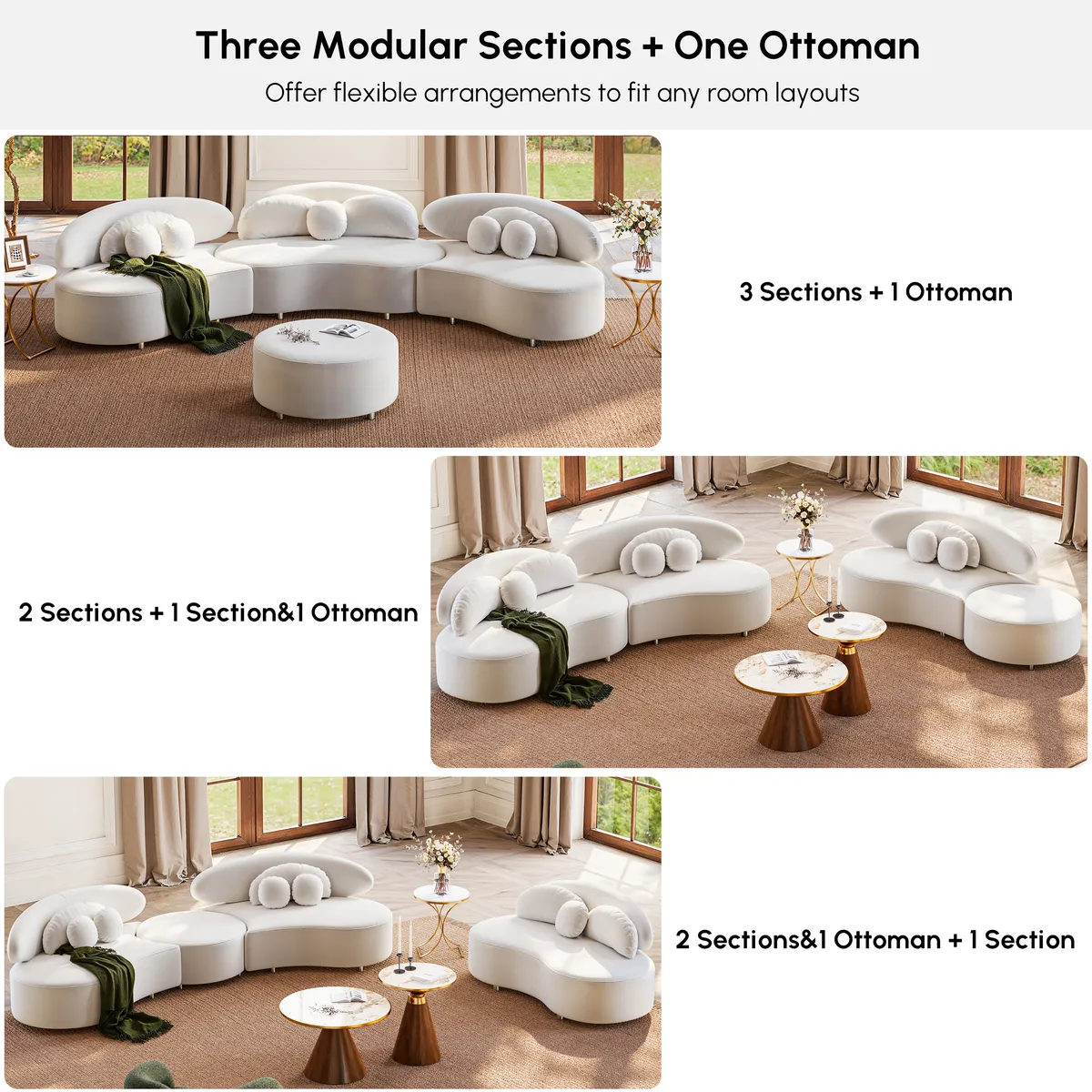 Modern 7 Seat Sectional Sofa Curved Modular Beige Velvet Upholstered with Ottoman — image 5
