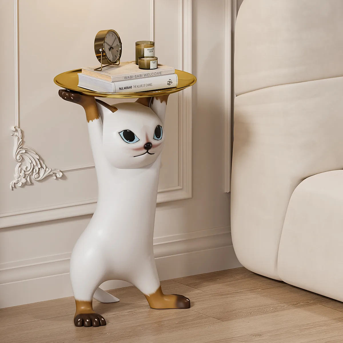 Modern Cat Side Table Decorative Cocktail Table Floor Resin Figurine with Gold Tray End Table — image 7