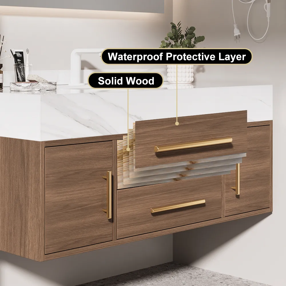 59" Double Sink Bathroom Vanity with Gold Handles – Walnut Modern Floating Vanity — image 7