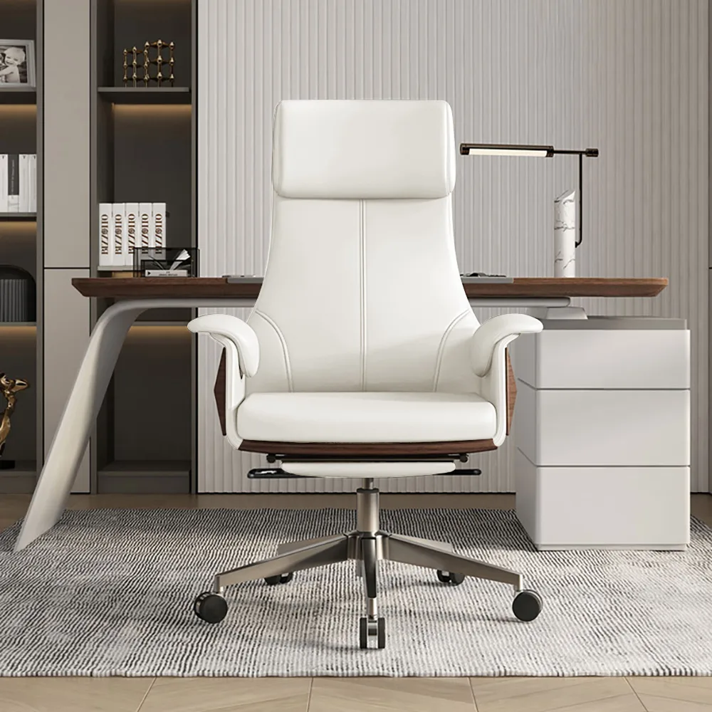 55" Modern White Computer Desk & Leather Office Desk Chair Set High Back Adjustable — image 9