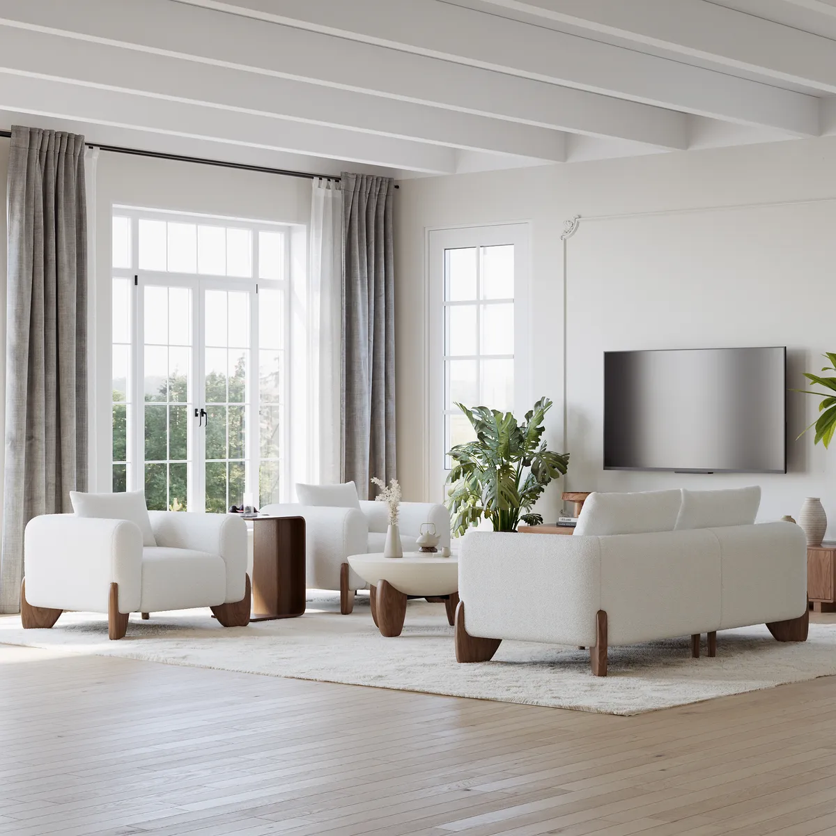 Living Room Sofa Loveseat Set Upholstered 2-Seater Couch & 2 White Boucle Accent Chairs Single Couch Set — image 4