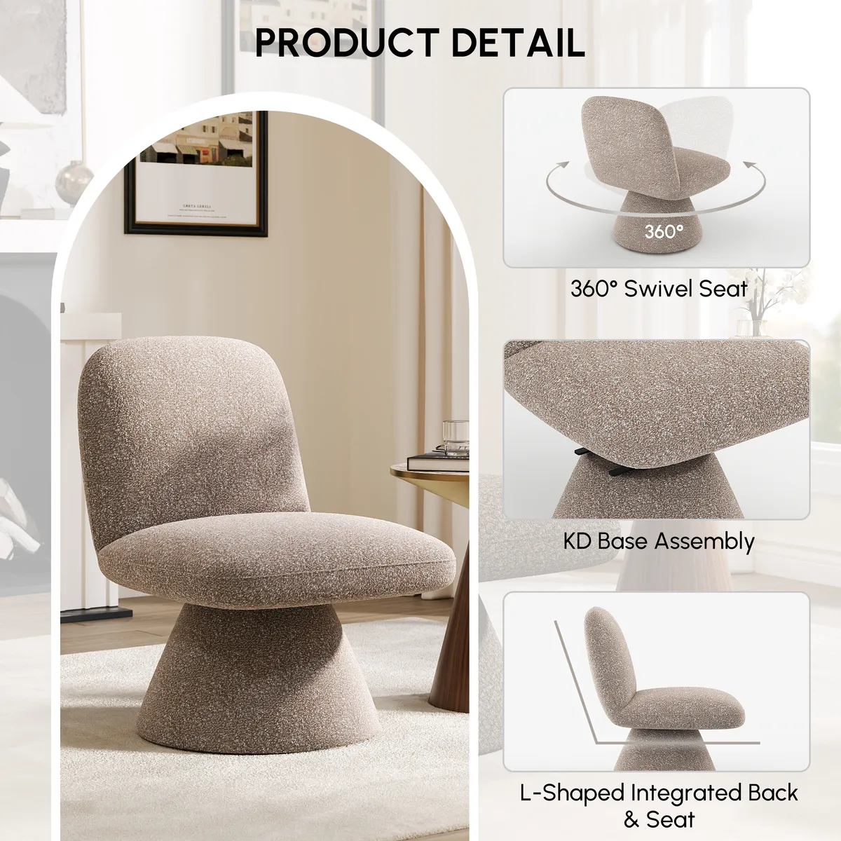 18" Modern Orange Boucle Swivel Accent Chair Sculptural L-Shaped Slipper Lounge Chair — image 9