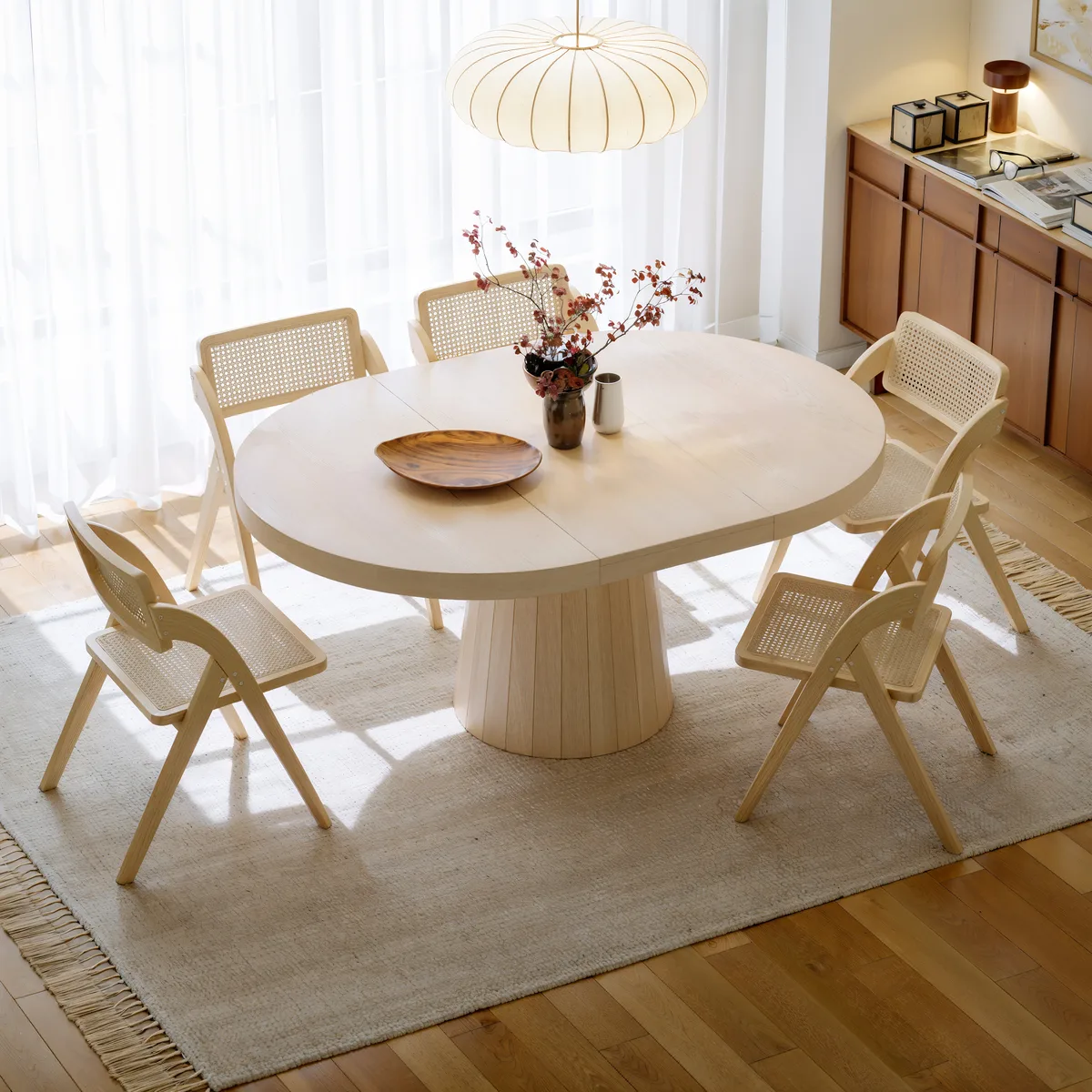 Japandi 39"-55" Extendable Dining Table for 6 White Oval&Round Table Pedestal — image 12