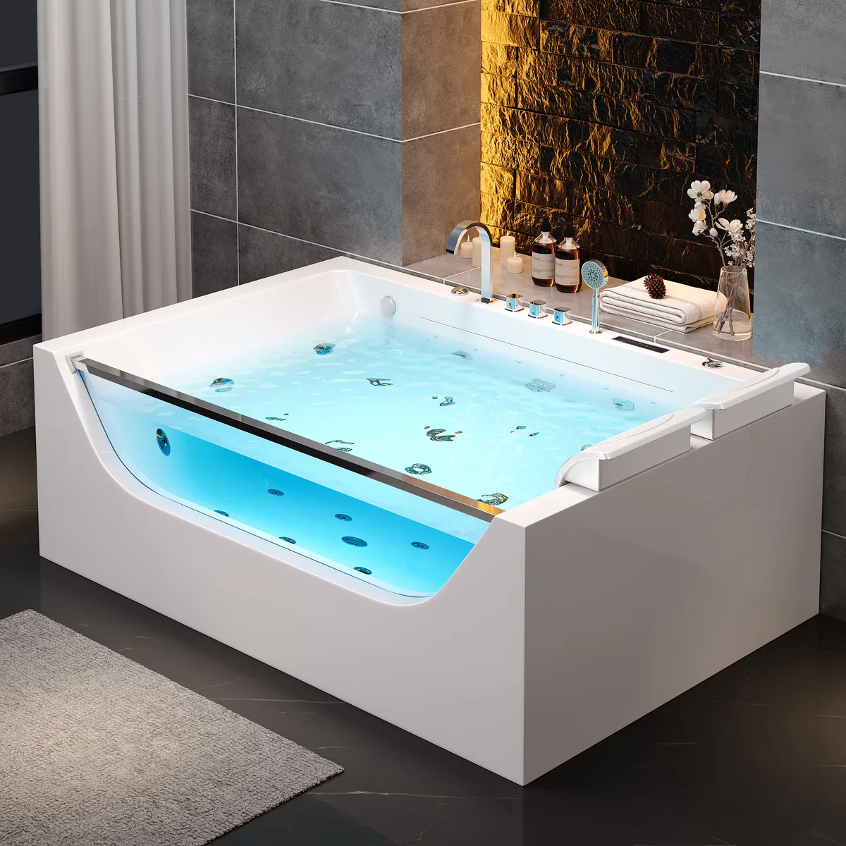 70.8" Rectangle Whirlpool Bathtub Acrylic Jetted Massage Whirlpool Water with Thermostat