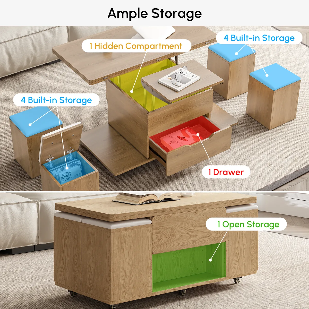 Modern Walnut Lift Top Coffee Table 4 in 1 with Storage Ottoman Foldable and Casters — image 16