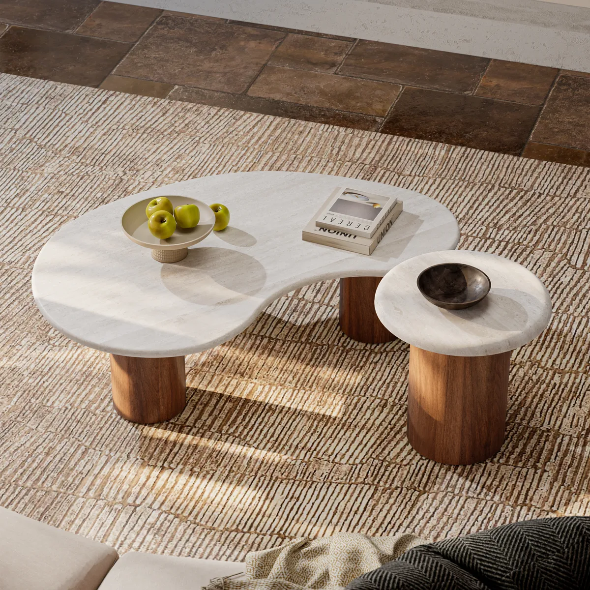 18"-47" Round Concrete Veneer Walnut Coffee Table Set — image 3