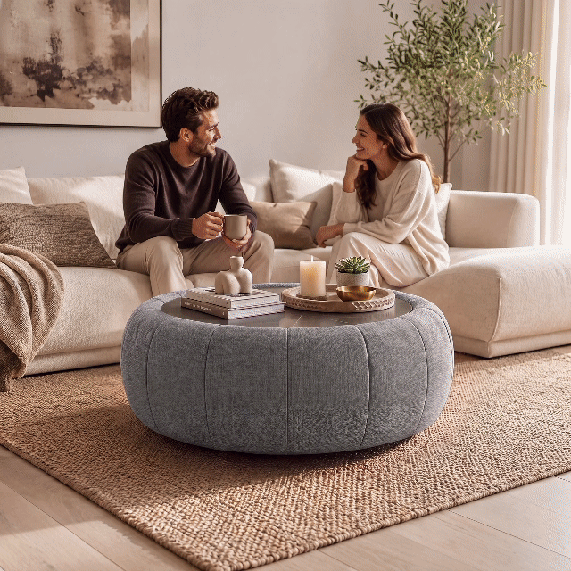 Modern 39" Round Performance Leather Ottoman Coffee Table with Hidden Storage — image 2