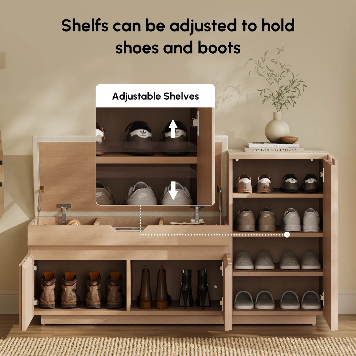 Aura 47” Wooden Shoe Storage Bench with Right-Side Cabinet for Entryway — image 19