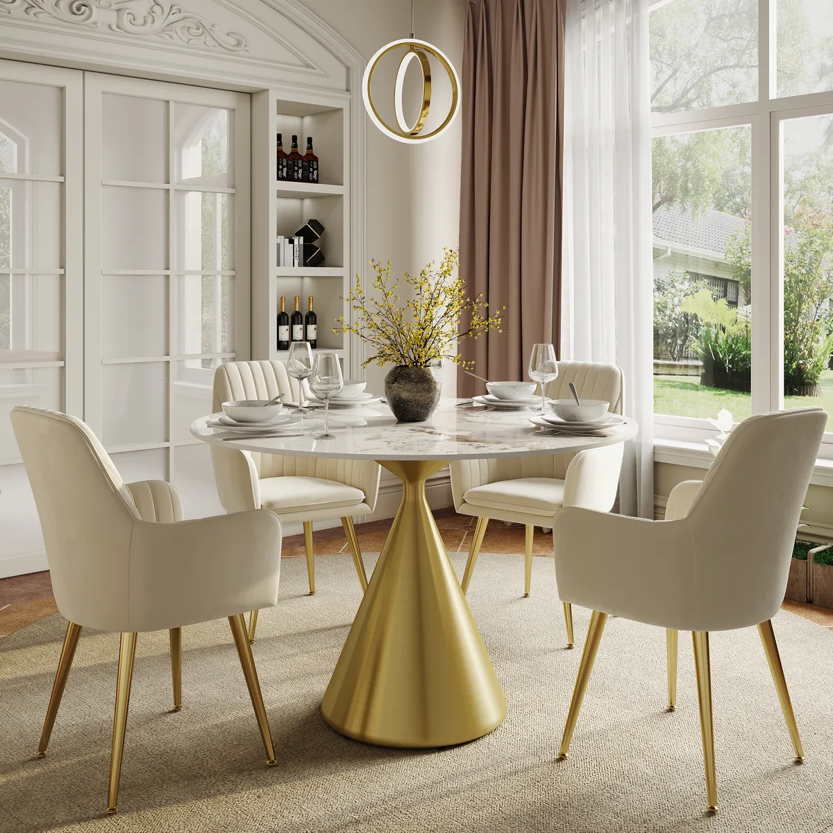 39" Pandora Faux Marble Round Dining Table with Glossy Gold Base for 4 People — image 2