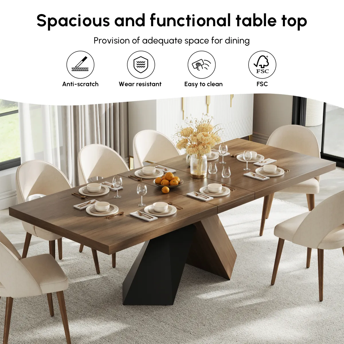 Dining Table Set 64"-79" Rectangle Extendable Dining Table & 4 Archic Japandi Rattan Dining Chairs — image 20