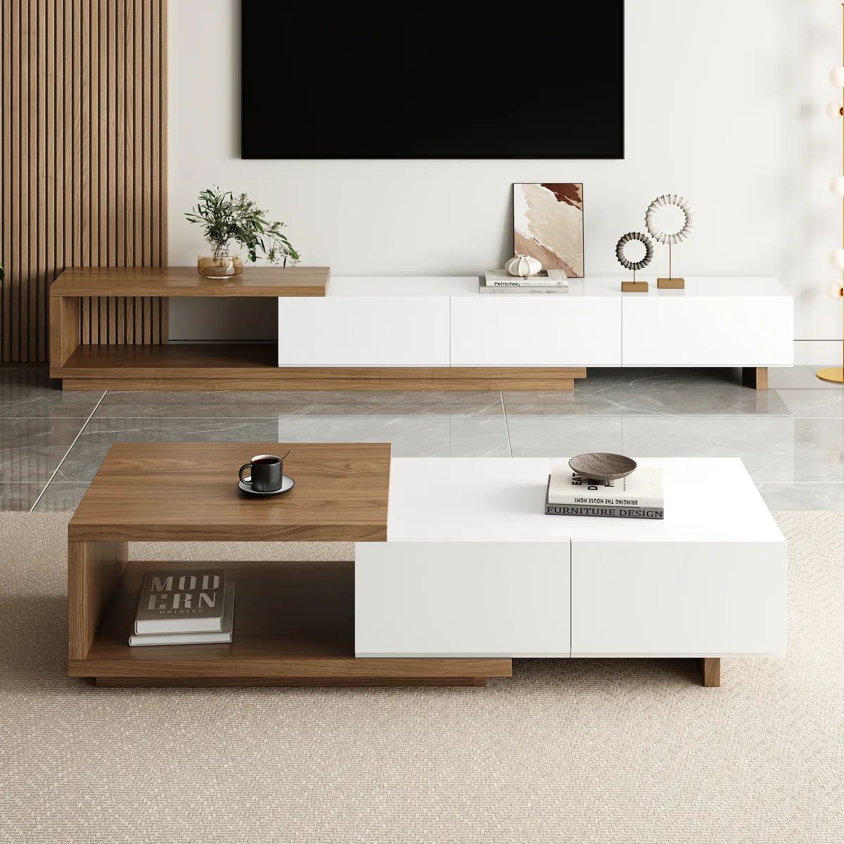 Living Room Cabinet Set Extendable TV Stand & Retracted Coffee Table Set — image 3