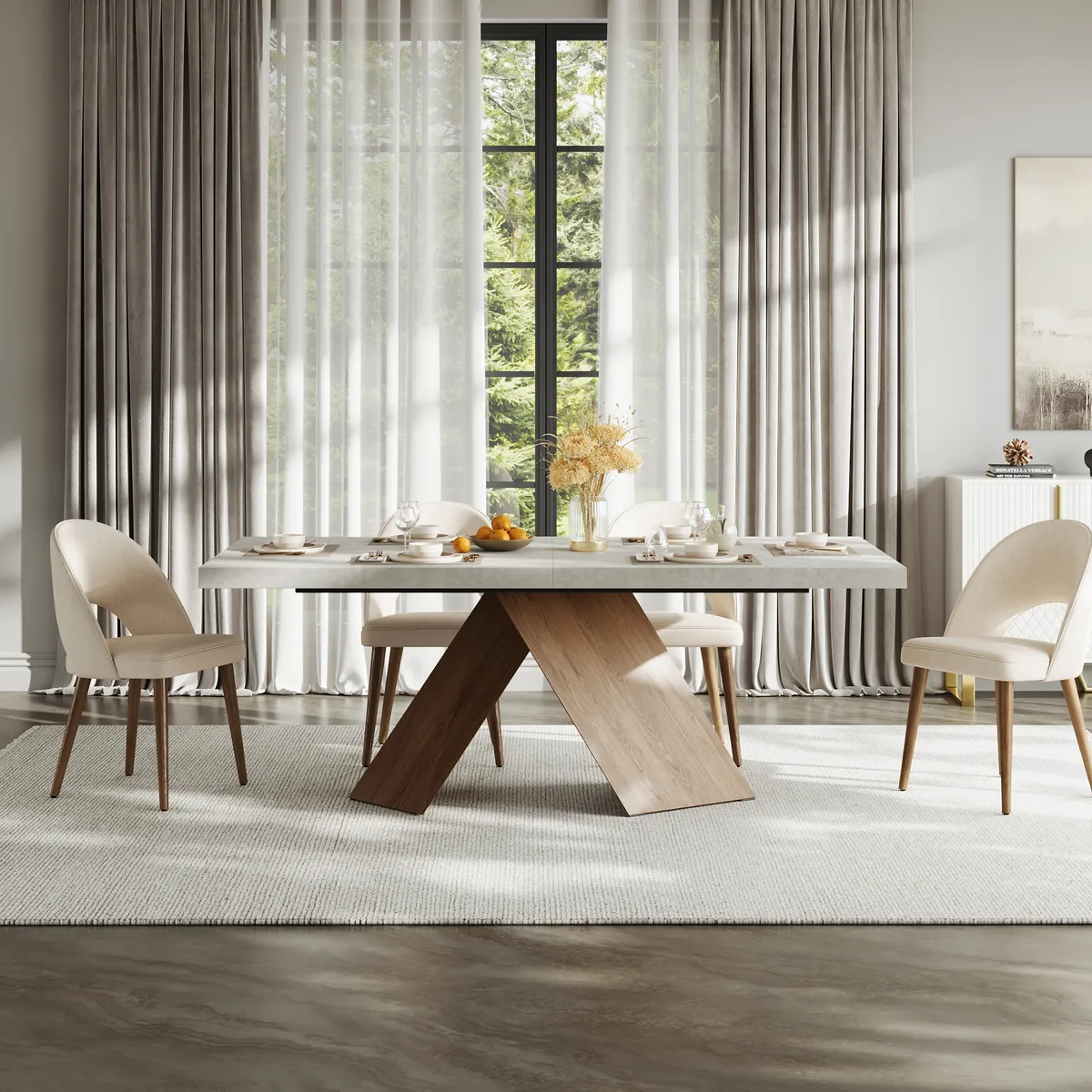 63"-79" Extendable Walnut Dining Table Modern Farmhouse Rectangle 4-6 Seater Pedestal — image 17